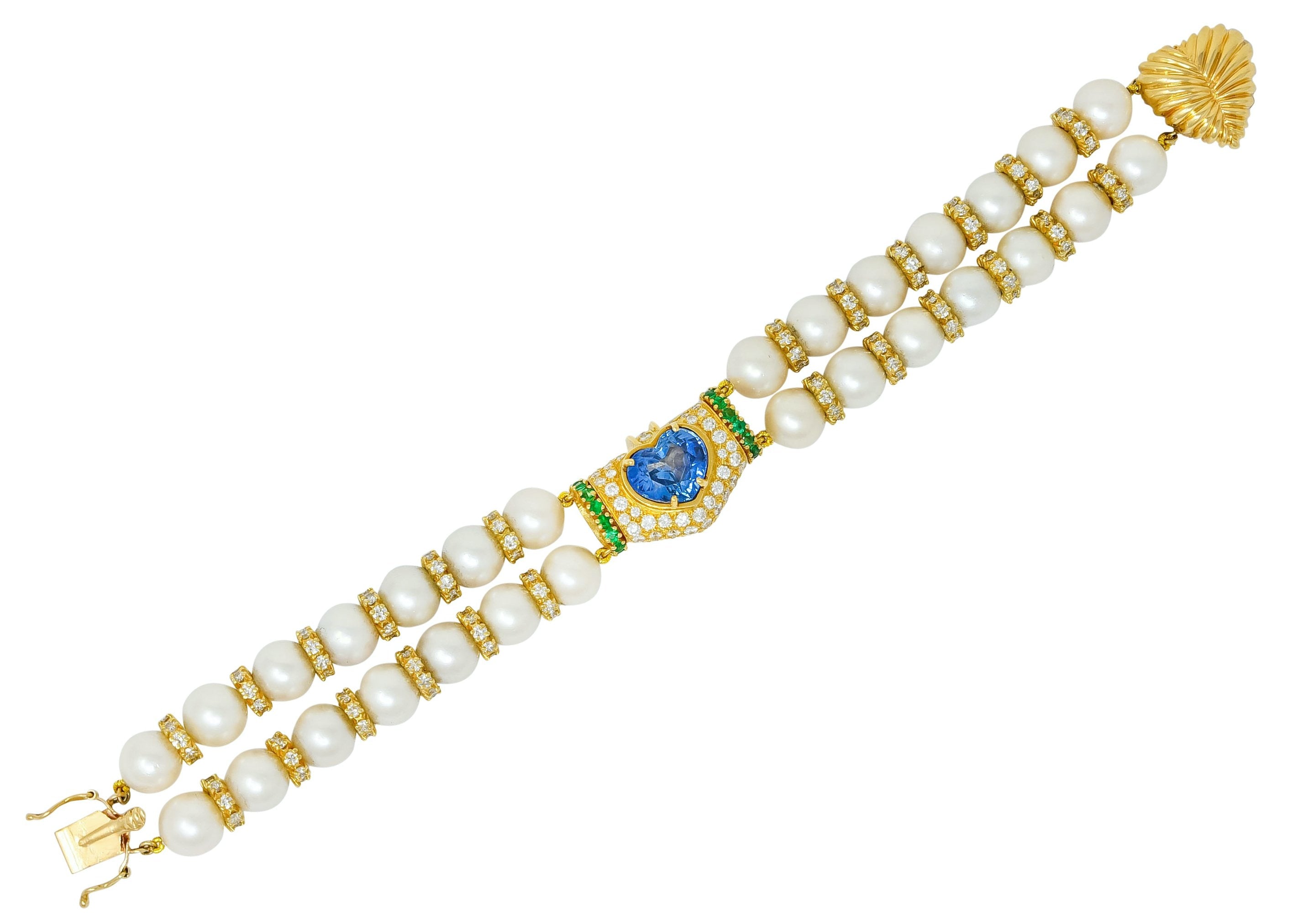 Vintage 35.50 CTW Sapphire Emerald Diamond Pearl 18 Karat Gold Heart Bracelet - Wilson's Estate Jewelry
