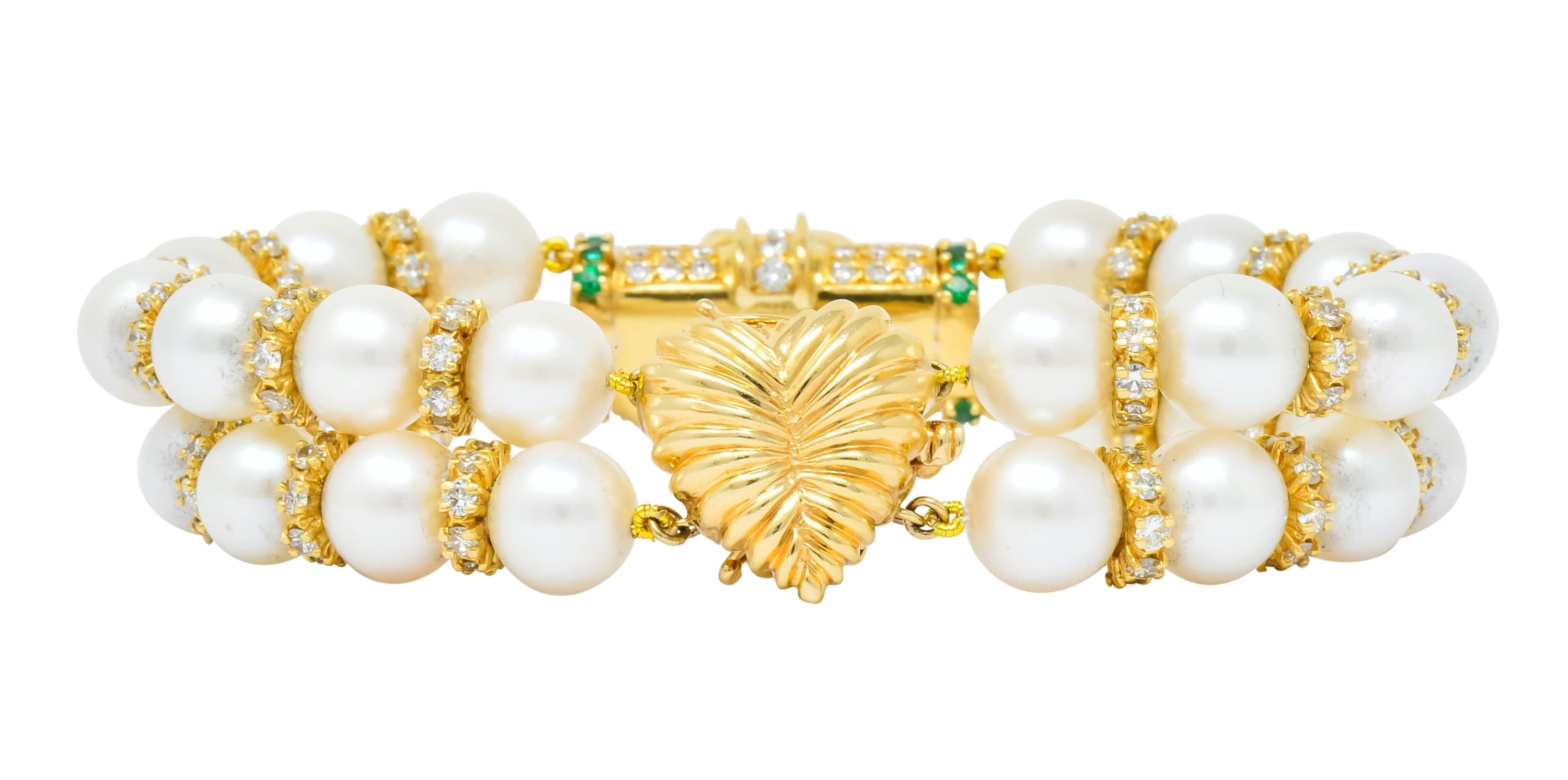 Vintage 35.50 CTW Sapphire Emerald Diamond Pearl 18 Karat Gold Heart Bracelet - Wilson's Estate Jewelry