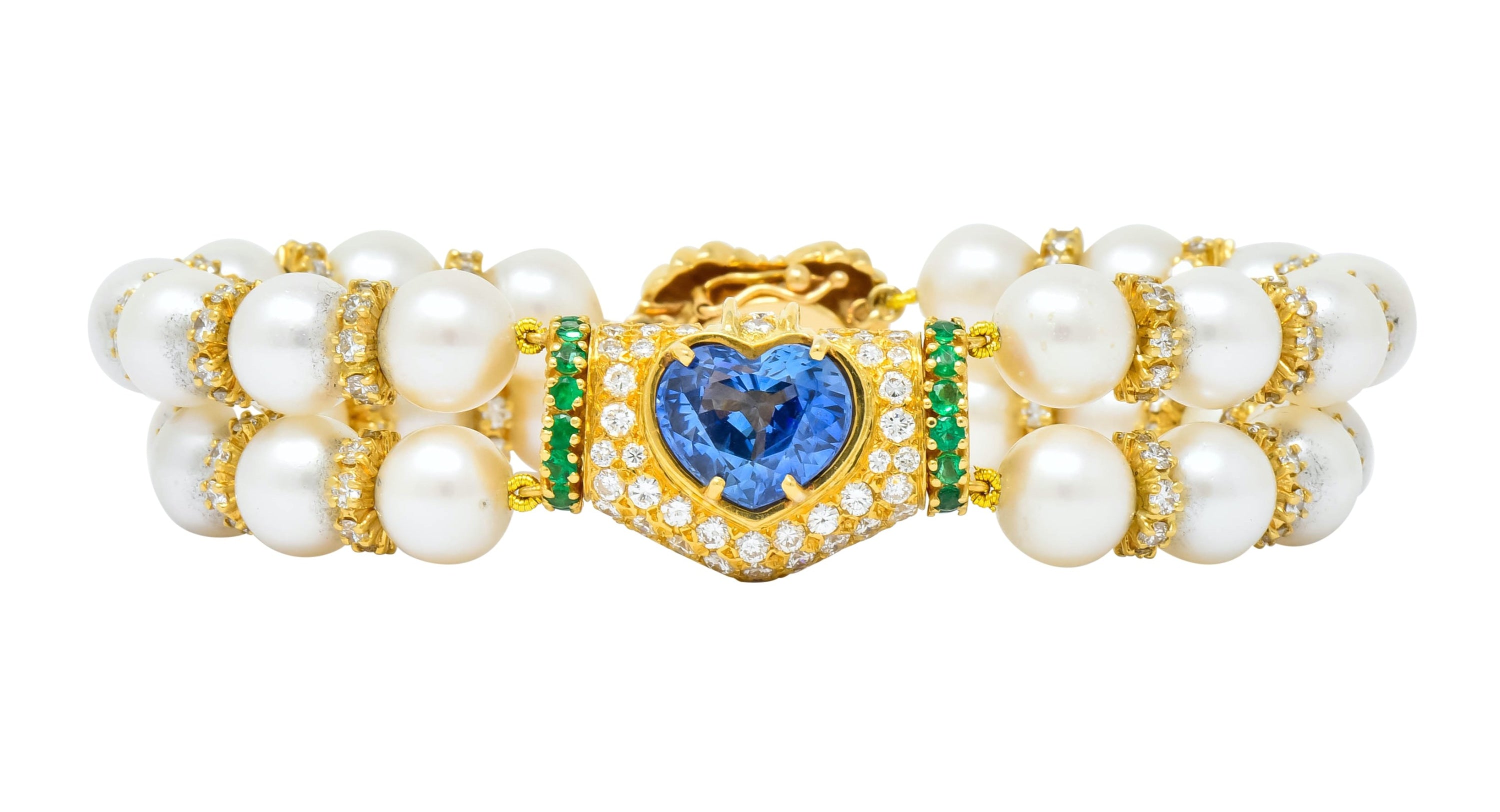 Vintage 35.50 CTW Sapphire Emerald Diamond Pearl 18 Karat Gold Heart Bracelet - Wilson's Estate Jewelry