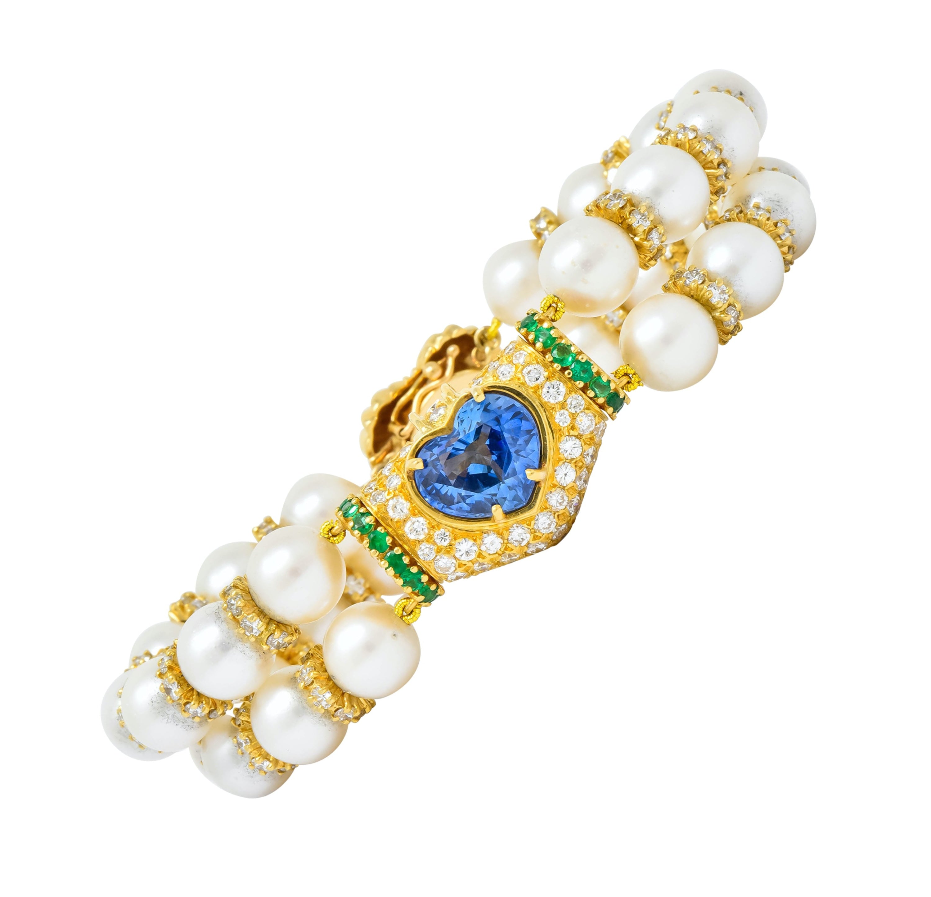 Vintage 35.50 CTW Sapphire Emerald Diamond Pearl 18 Karat Gold Heart Bracelet - Wilson's Estate Jewelry