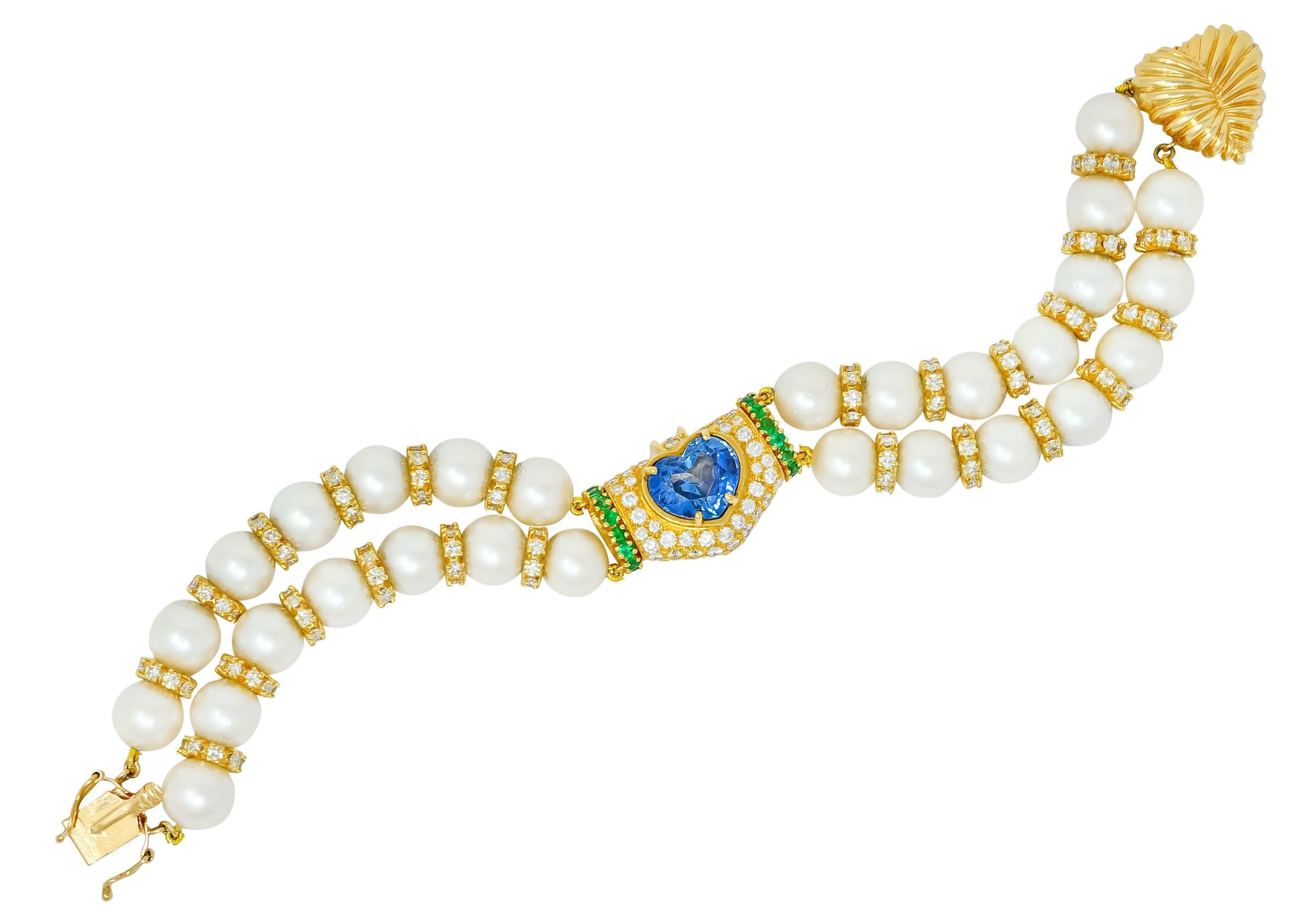 Vintage 35.50 CTW Sapphire Emerald Diamond Pearl 18 Karat Gold Heart Bracelet - Wilson's Estate Jewelry