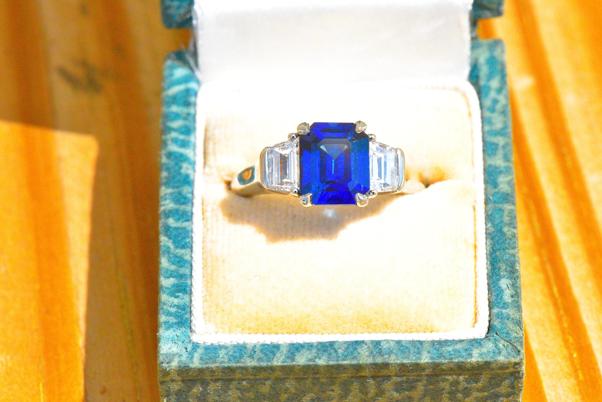 Vintage 4.02 CTW Royal Blue Sapphire Diamond Platinum Three Stone Ring Wilson's Estate Jewelry