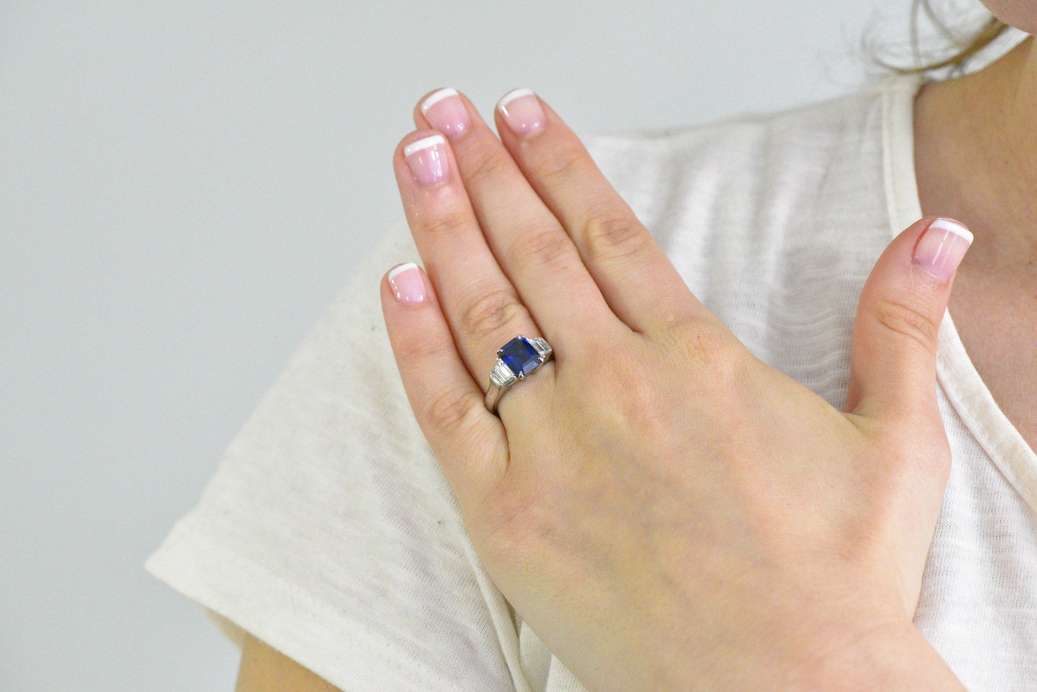 Vintage 4.02 CTW Royal Blue Sapphire Diamond Platinum Three Stone Ring Wilson's Estate Jewelry