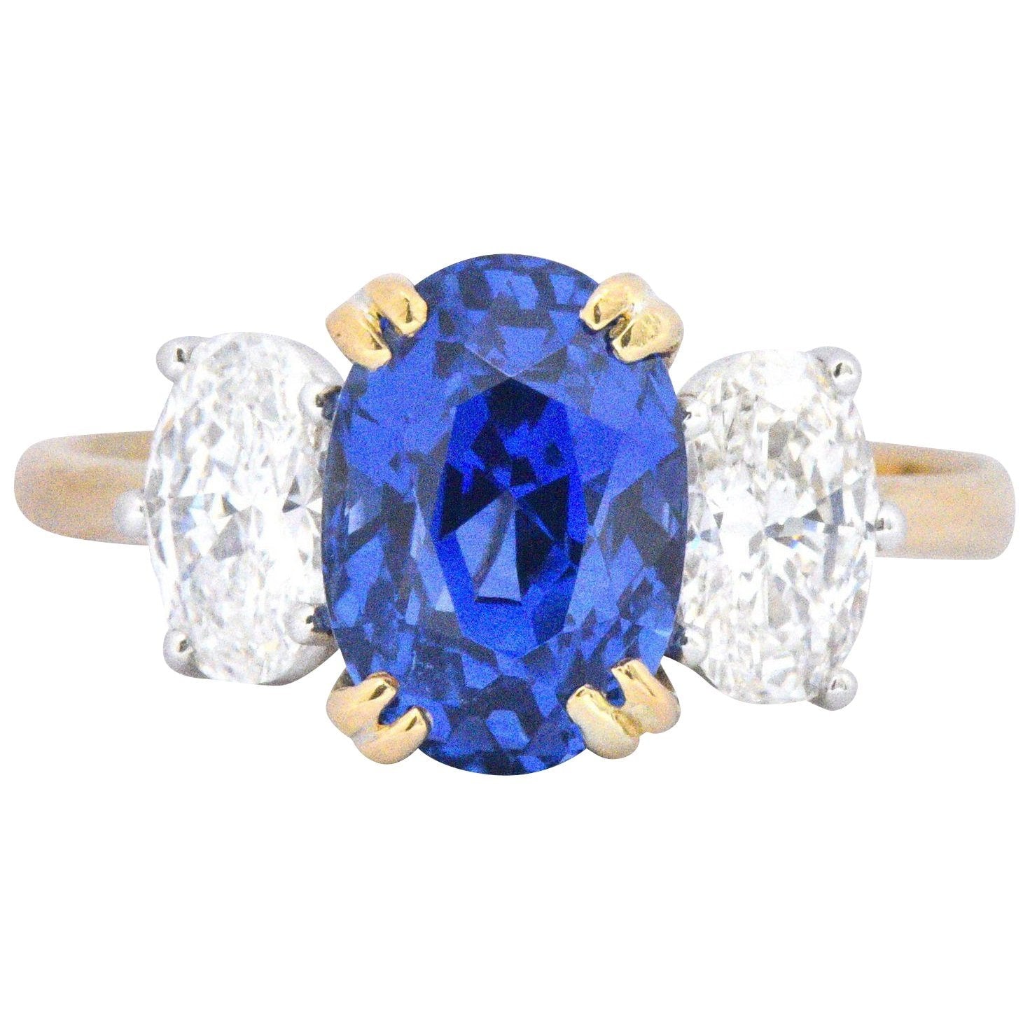 Vintage 4.22 CTW No Heat Natural Sapphire Diamond 18 Karat Gold Ring AGL Wilson's Estate Jewelry