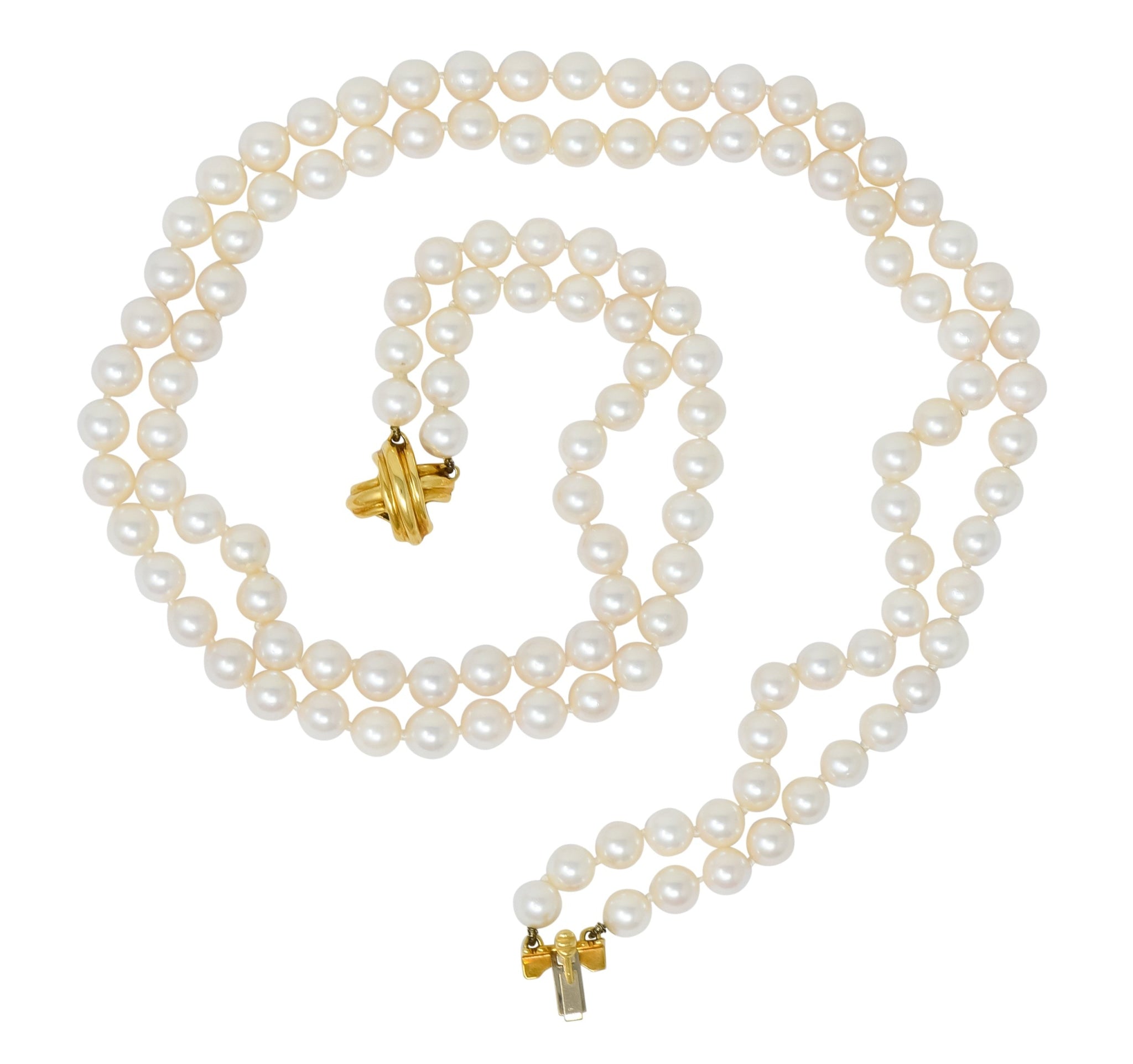 Vintage Tiffany & Co. Cultured Pearl 18 Karat Gold Double Strand Necklace Circa 1990's - Wilson's Estate Jewelry