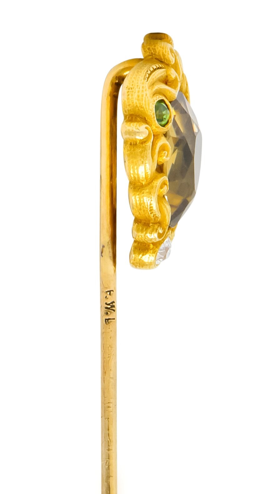 Frank Walter Lawrence Zircon Diamond Demantoid Garnet 14 Karat Gold Scrolled Stickpin - Wilson's Estate Jewelry