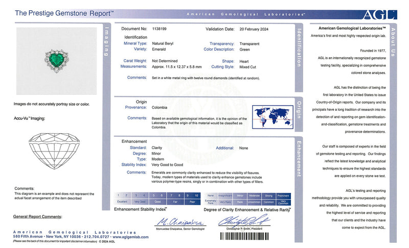 Contemporary 7.00 CTW Colombian Emerald Diamond 18 Karat White Gold Heart Halo Ring AGL