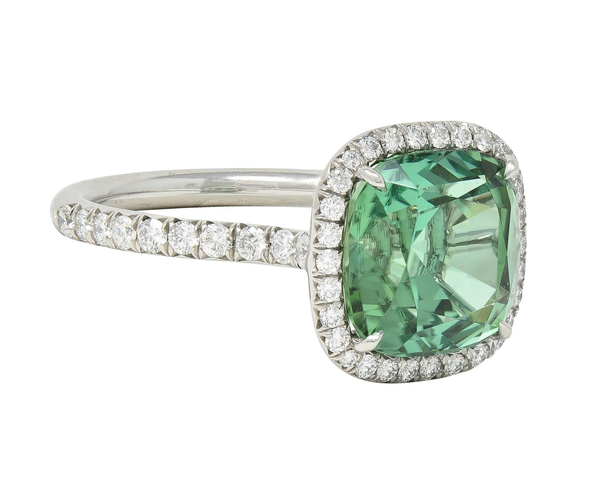 Tiffany & Co. 4.38 CTW Green Tourmaline Diamond Platinum Soleste Halo Ring