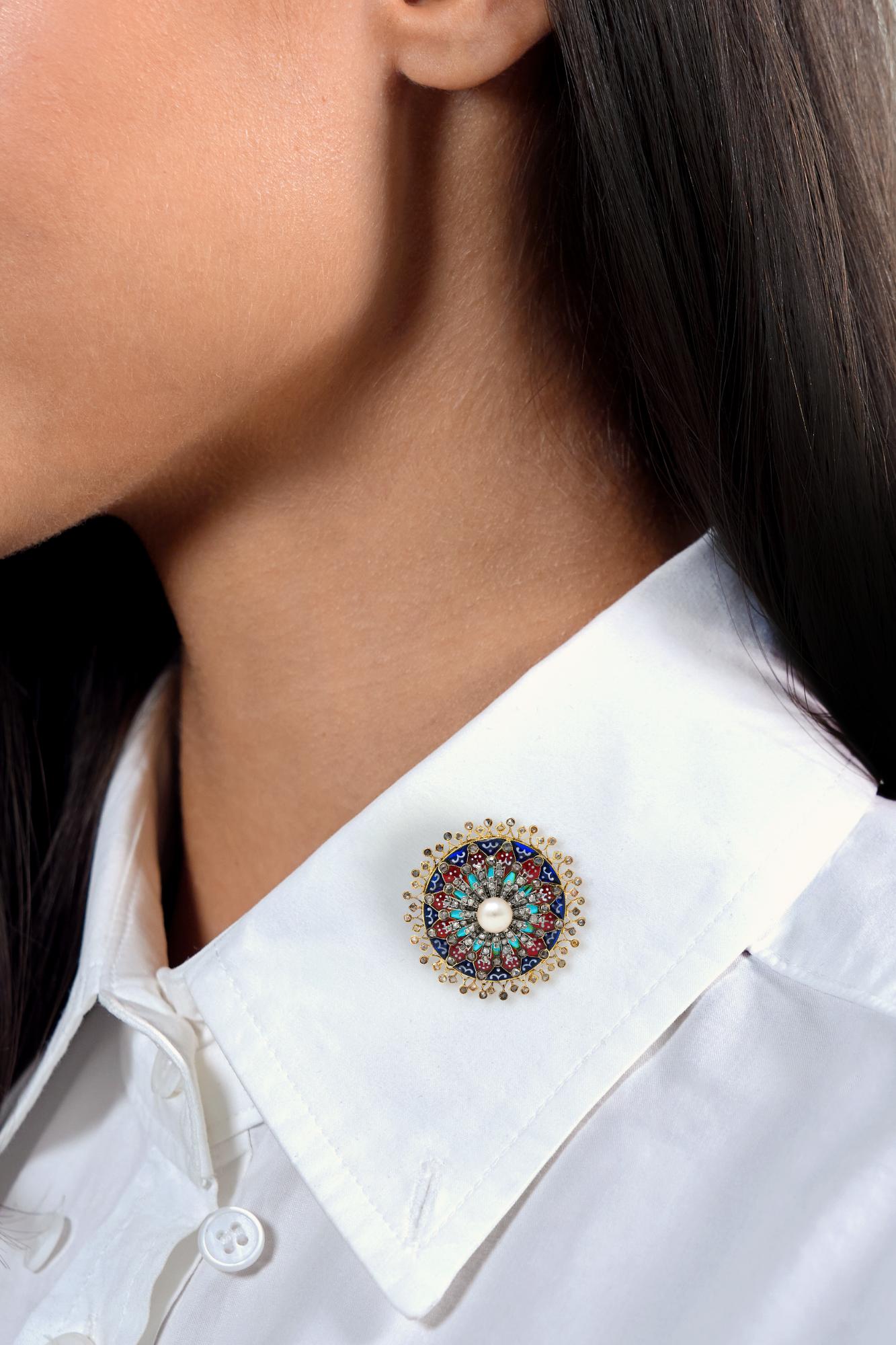 Boucheron Victorian Diamond Pearl Enamel Silver 18 Karat Yellow Gold Antique Rose Window Pendant Brooch
