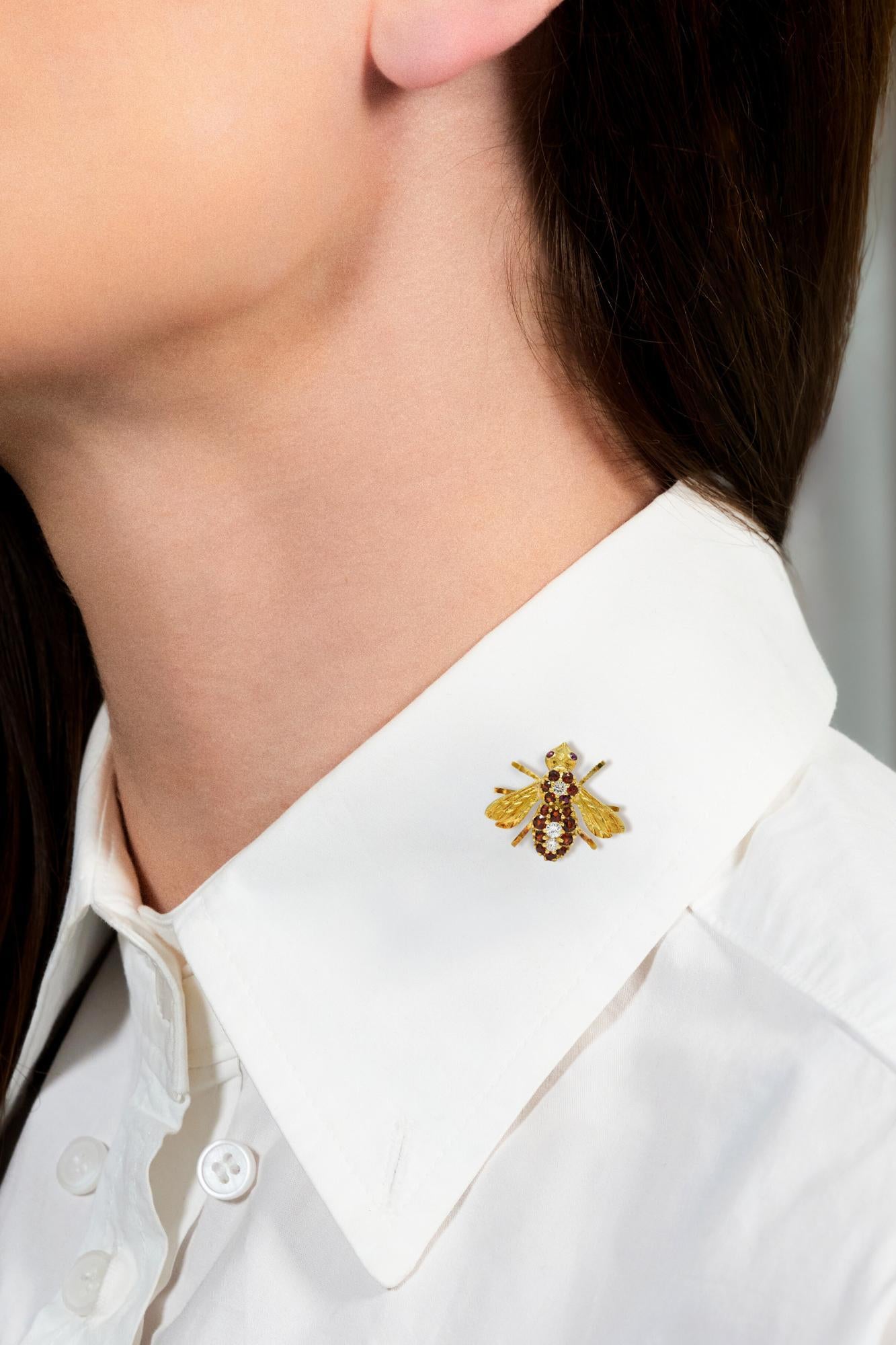 Rosenthal 1960s Diamond Ruby Citrine 18 Karat Yellow Gold Vintage Bee Bug Brooch