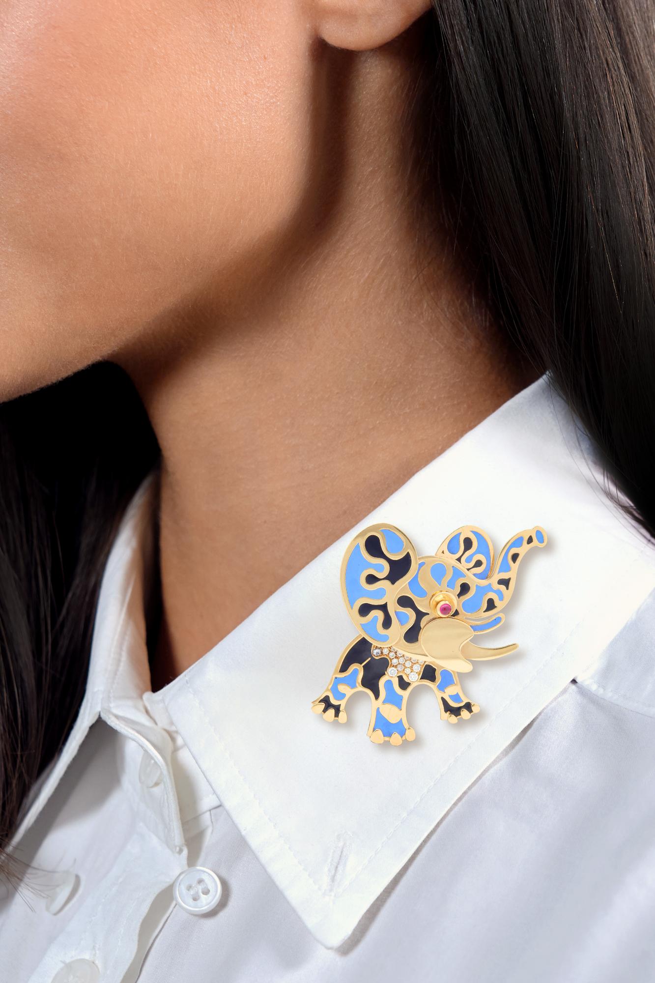 Bulgari 1980's Ruby Diamond Enamel 18 Karat Yellow Gold Vintage Elephant Brooch