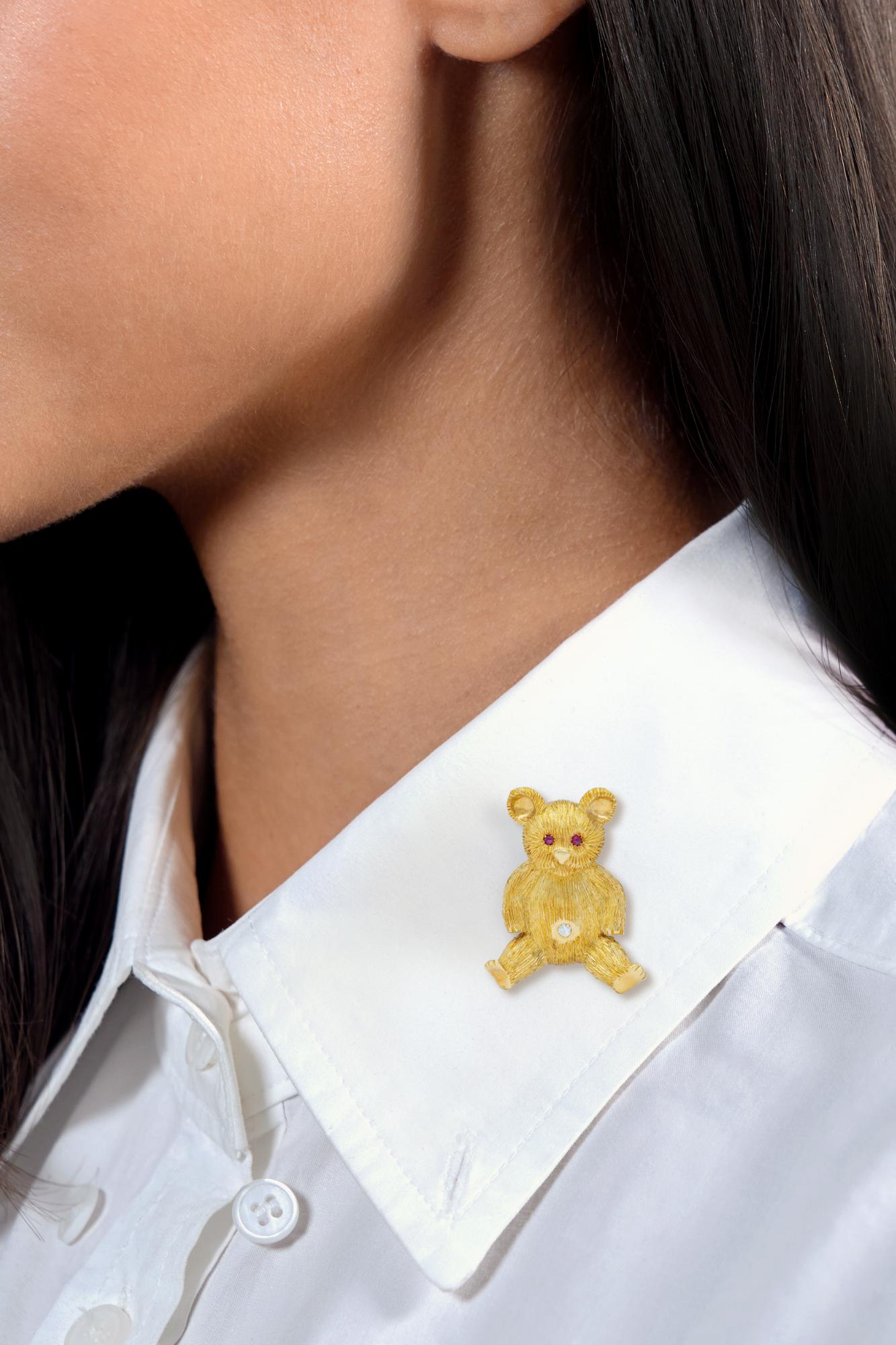 George Lederman 1960's Ruby Diamond 18K Yellow Gold Vintage Teddy Bear Brooch