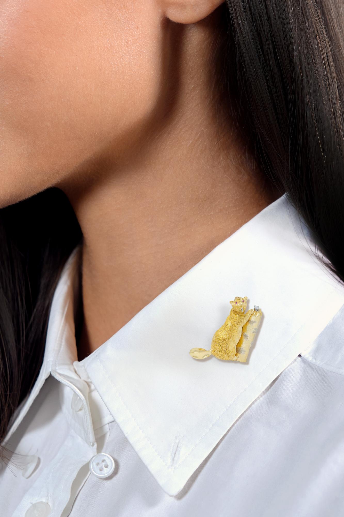 George Lederman 1960's Ruby Diamond 18 Karat Two-Tone Gold Vintage Beaver Brooch