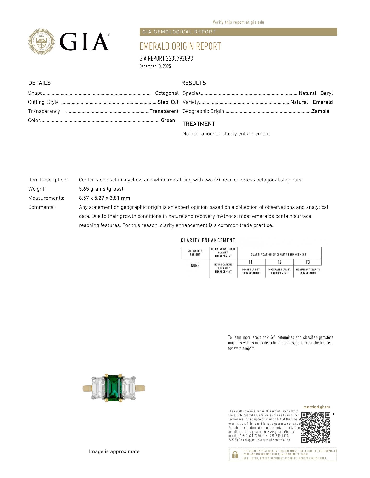 1990's 3.36 CTW No-Oil Emerald Diamond 18K Gold Platinum Three Stone Ring GIA