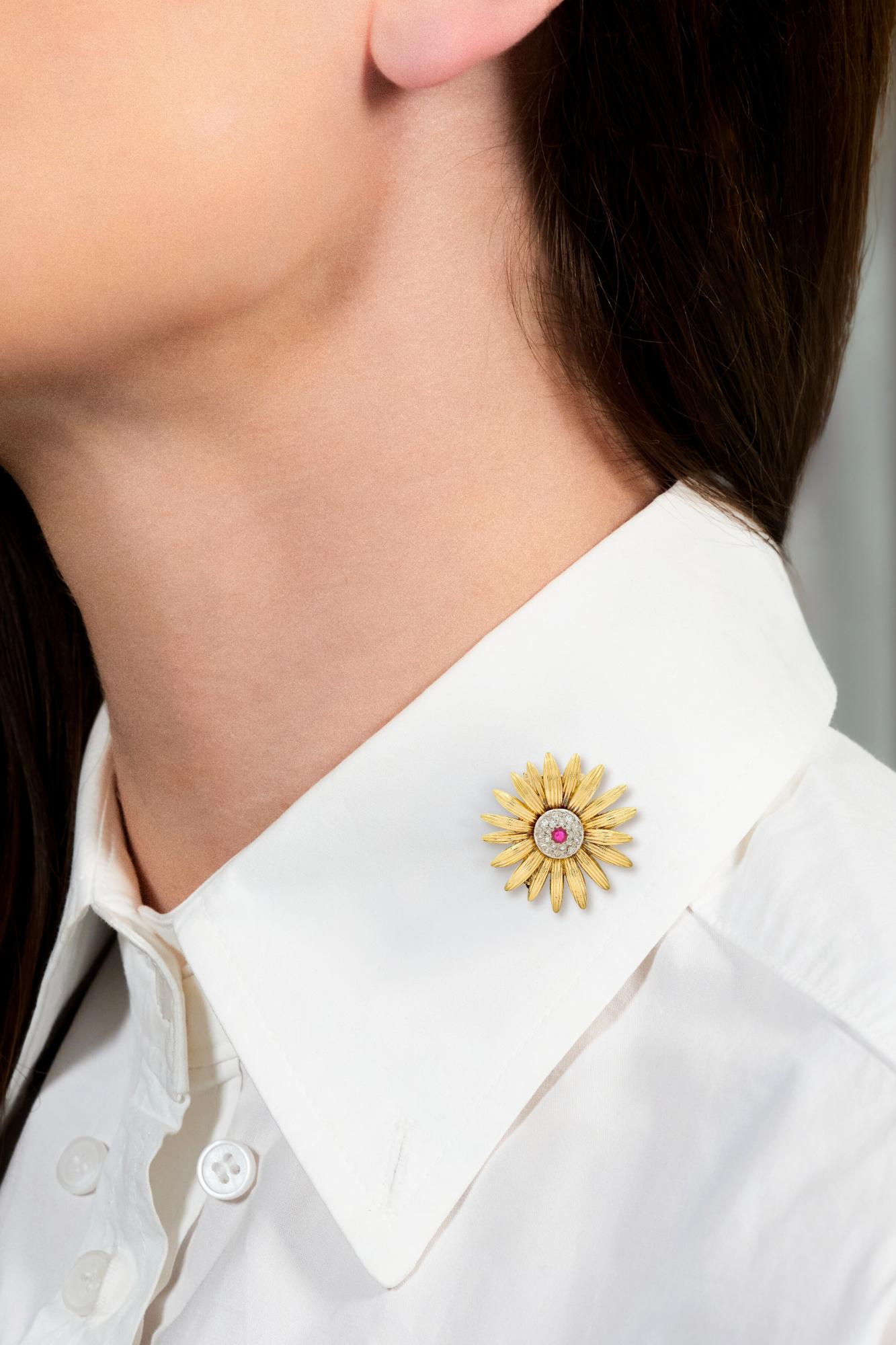 Van Cleef & Arpels 1950's Diamond Ruby Platinum 18K Gold Vintage Flower Brooch