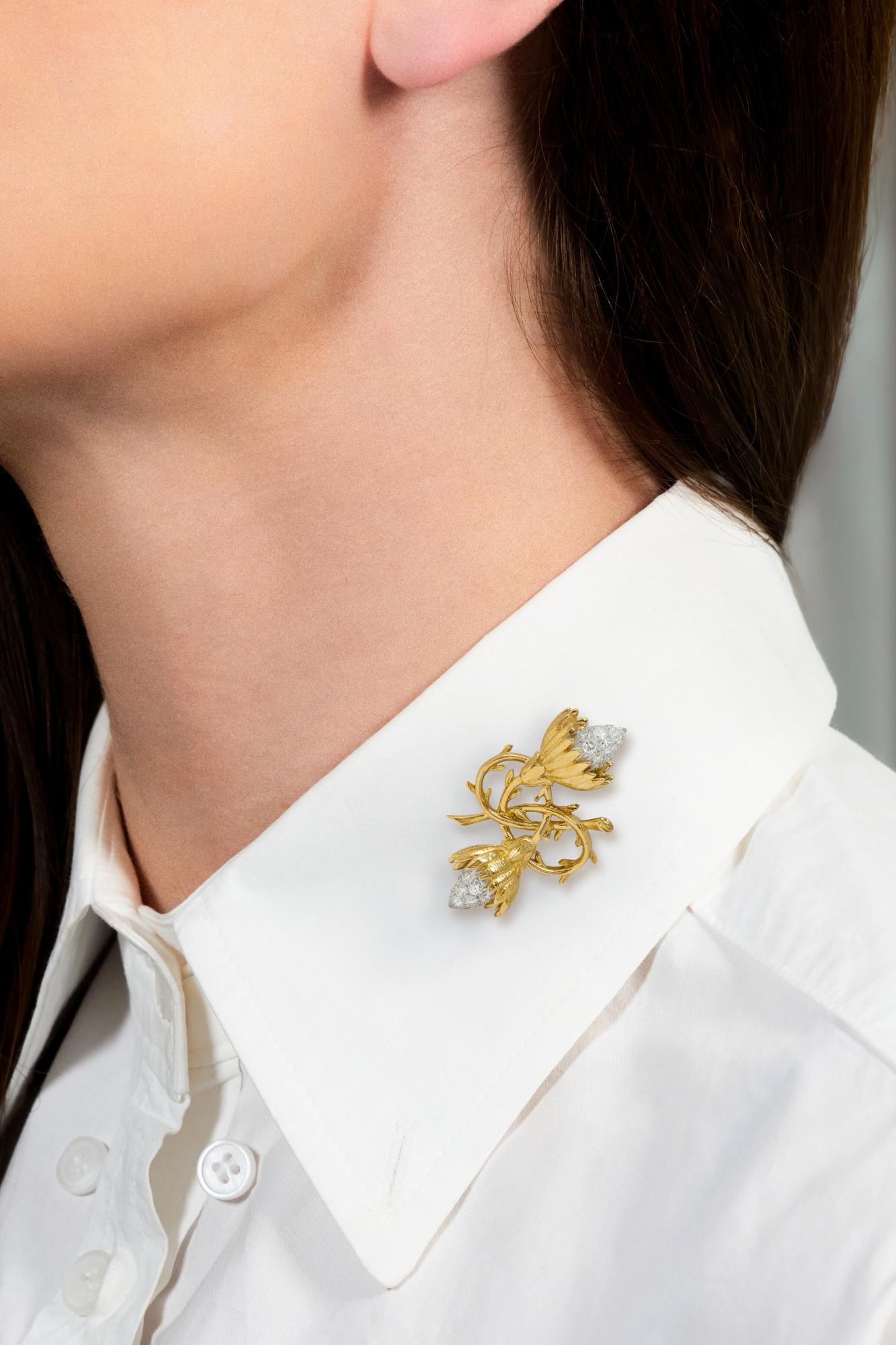 Schlumberger Tiffany & Co. 1970's Diamond Platinum 18 Karat Gold Thistle Brooch