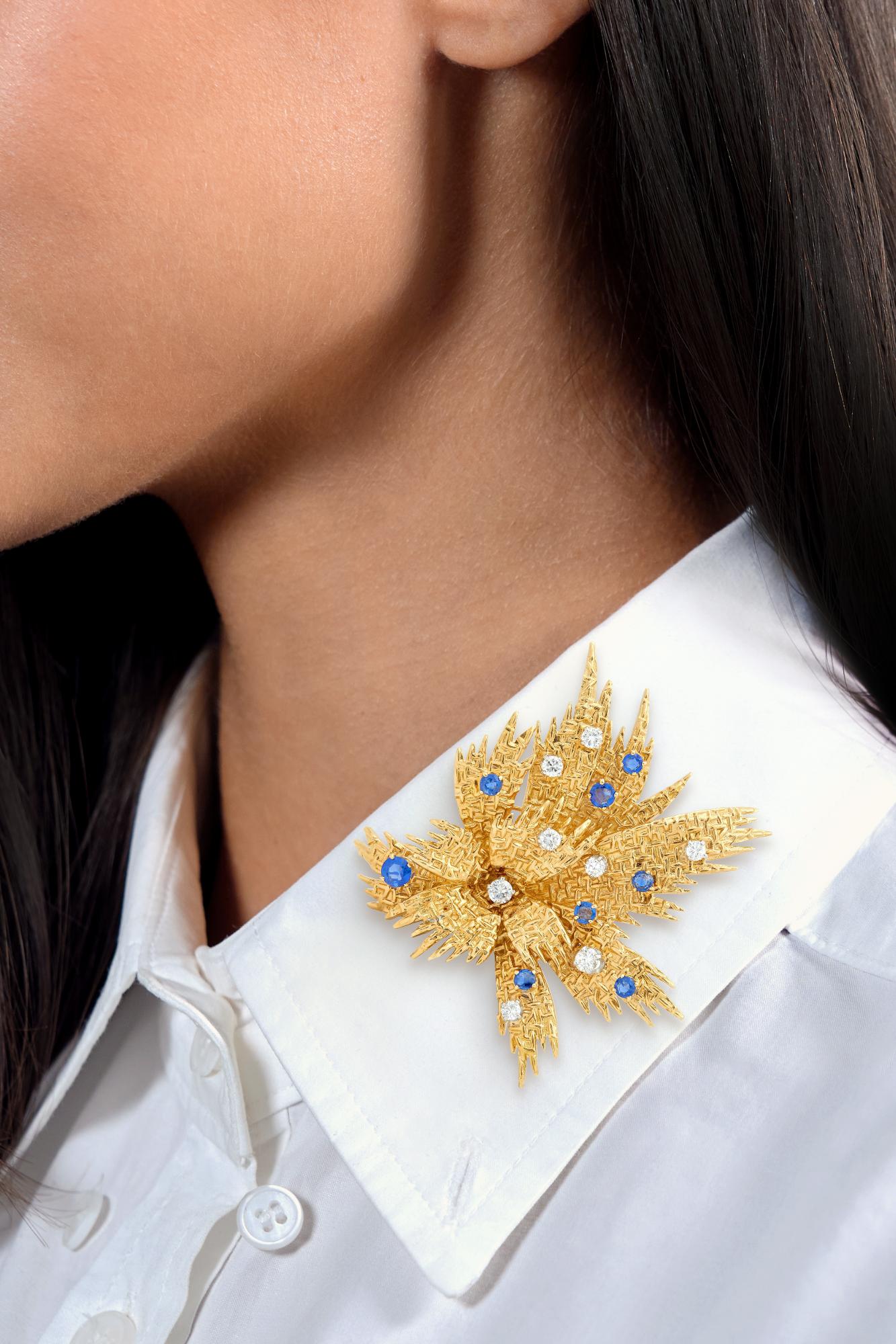 Van Cleef & Arpels French 1960's Sapphire Diamond 18K Gold Vintage Spray Brooch