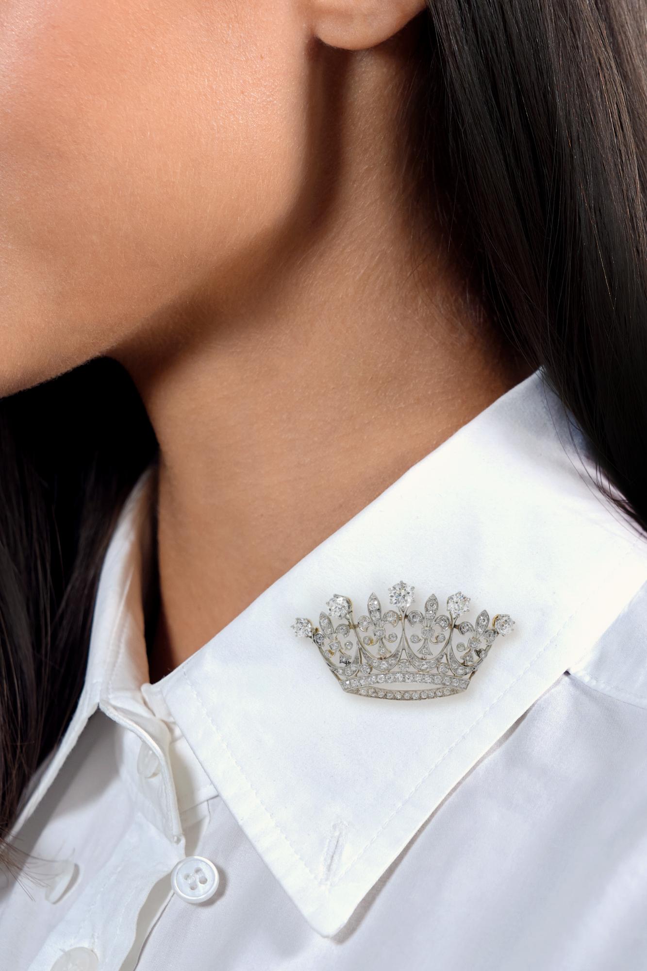 Edwardian 5.15 CTW Diamond Platinum-Topped 18K Yellow Gold Antique Crown Brooch