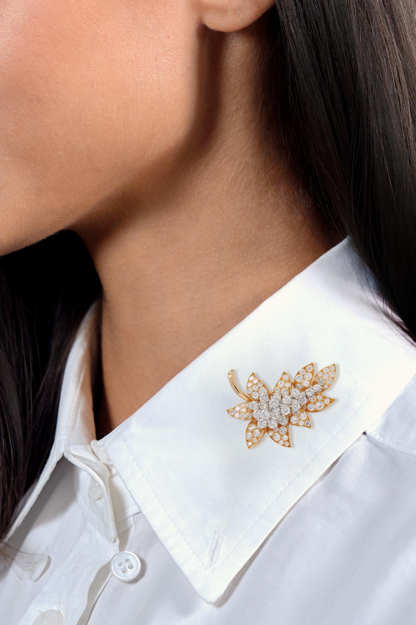 Oscar Heyman 1970's 5.25 CTW Diamond 18K Gold Platinum Vintage Foliate Brooch