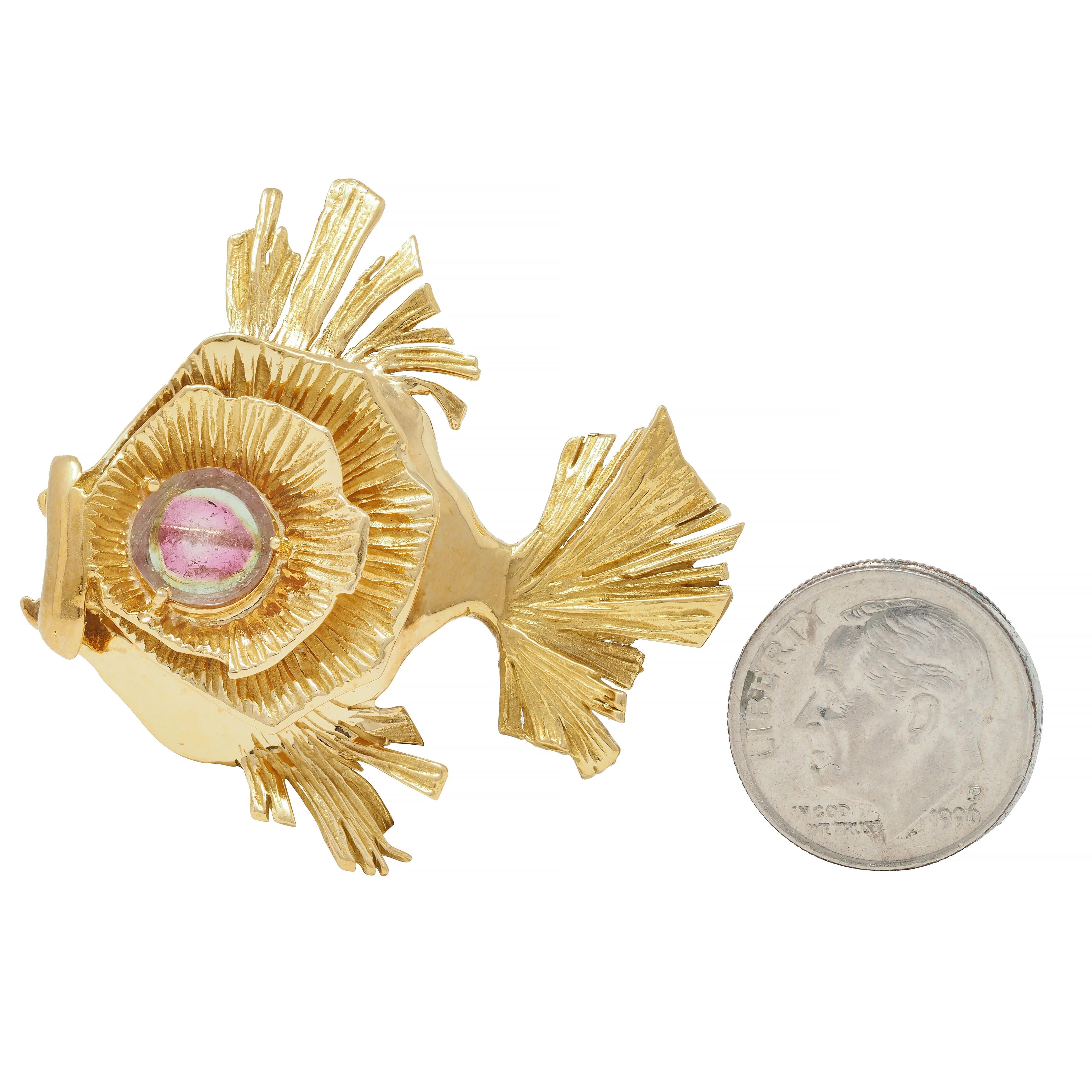 Gübelin 1960s Watermelon Tourmaline 18 Karat Yellow Gold Vintage Fish Brooch