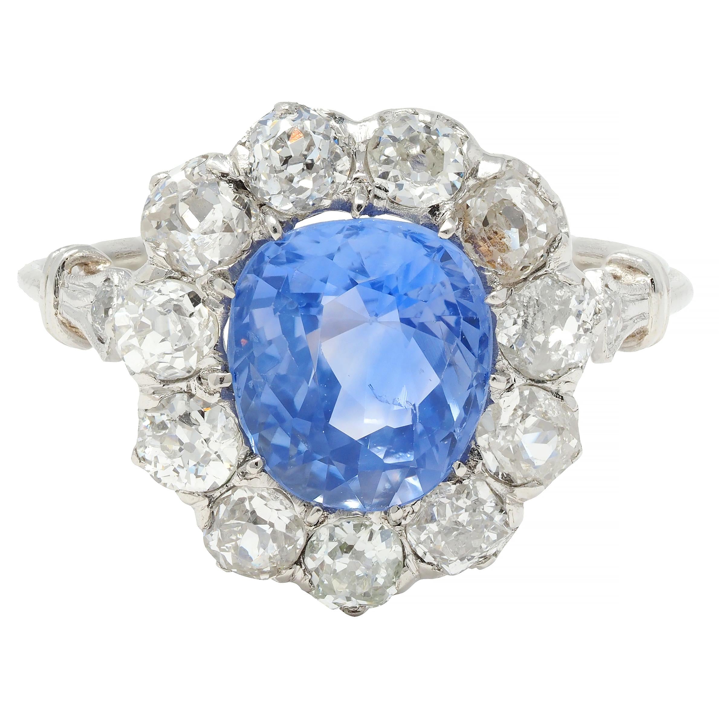 Art Deco Vintage No Heat Ceylon Sapphire Diamond Platinum Pear Halo Ring GIA