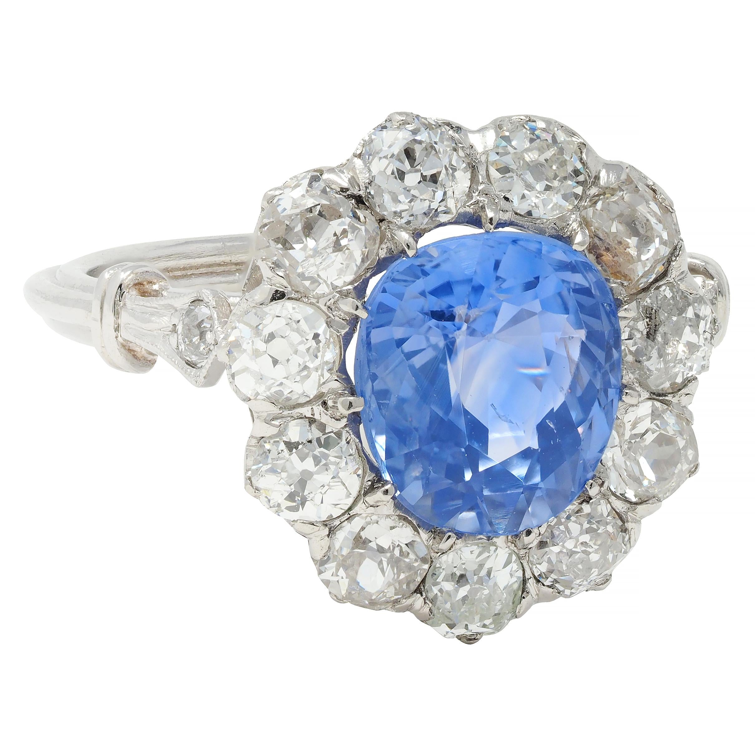 Art Deco Vintage No Heat Ceylon Sapphire Diamond Platinum Pear Halo Ring GIA