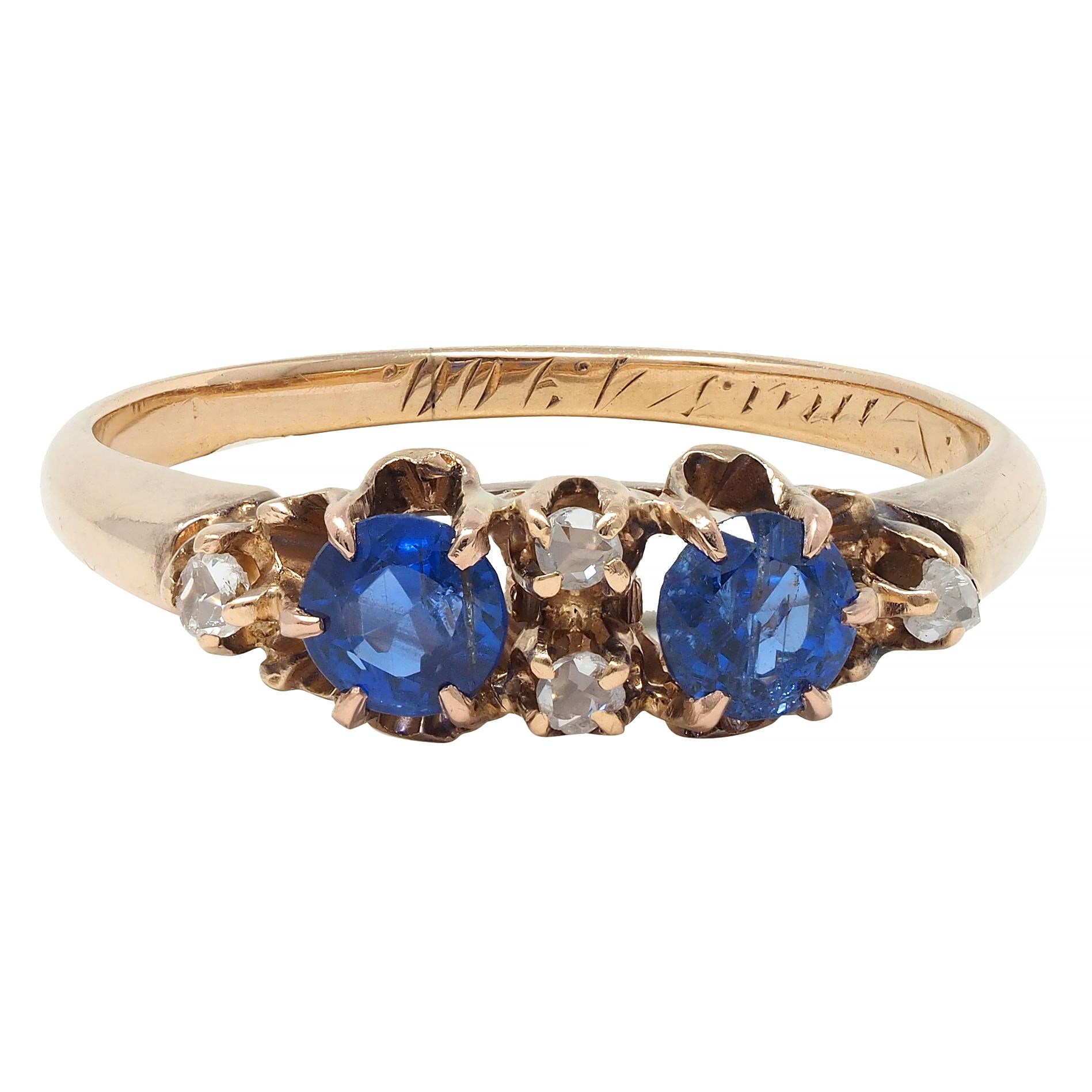 Late Victorian 1900 Sapphire Diamond 14 Karat Gold Antique Belcher Band Ring