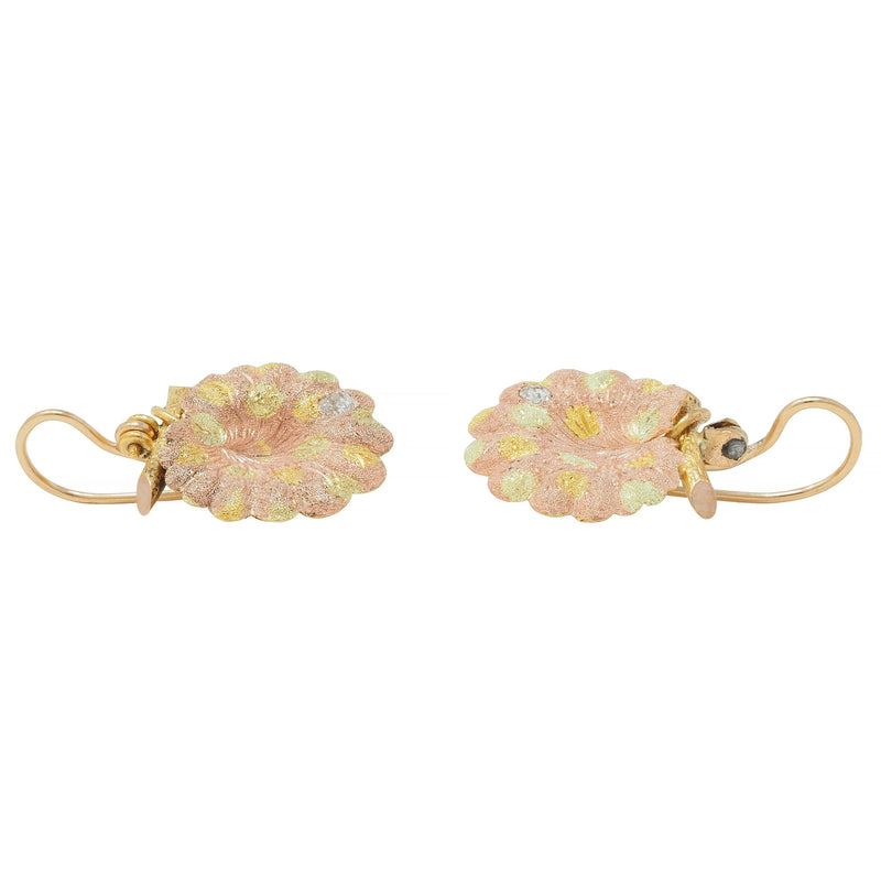 Antique Victorian Diamond 18 Karat Tri-Colored Gold Geranium Leaf Drop Earrings