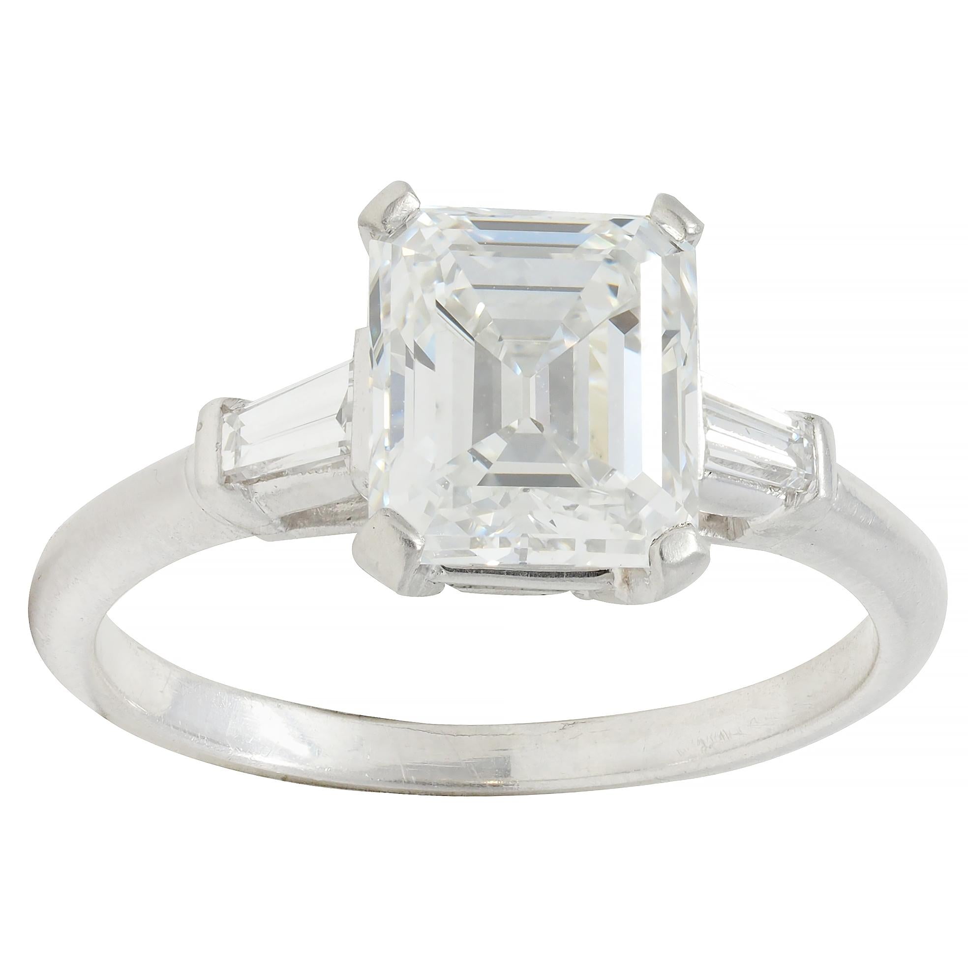 Mid-Century 2.17 CTW Emerald Cut Diamond Platinum Three Stone Engagement Ring