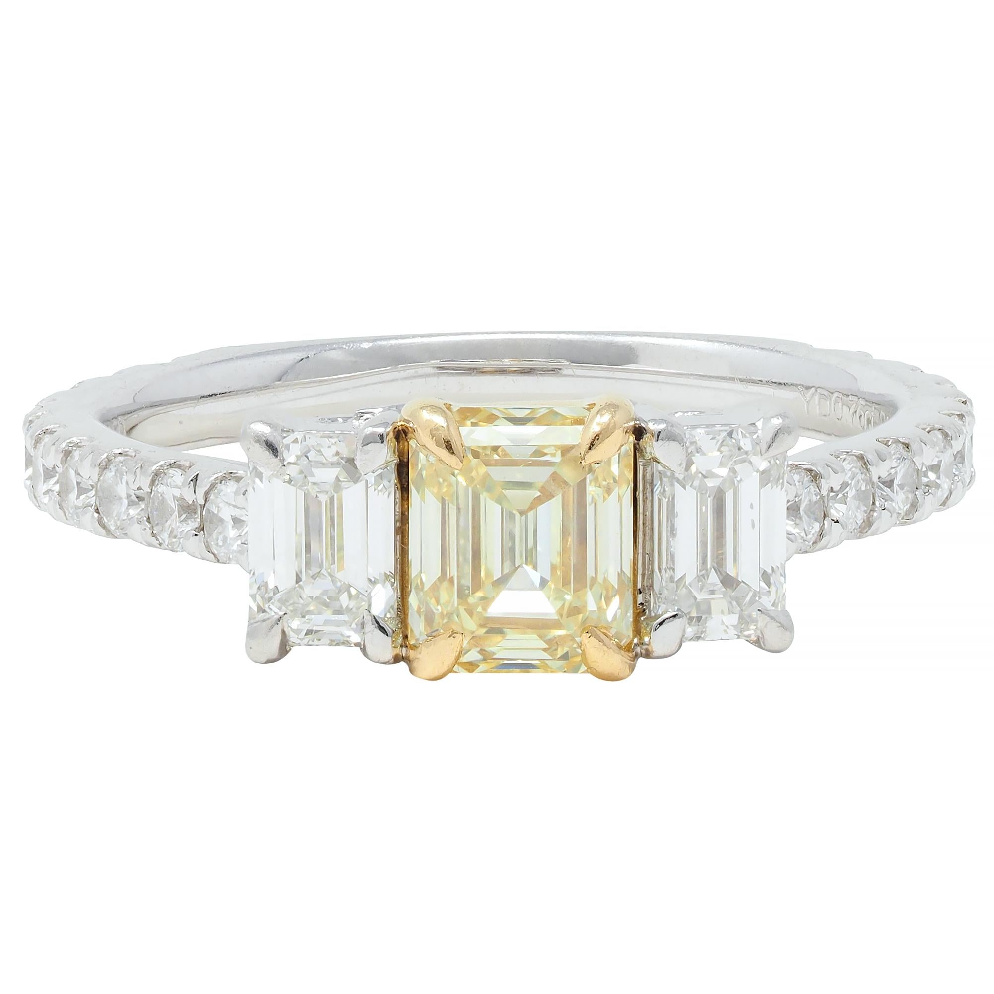 1.61 CTW Fancy Yellow Emerald Cut Diamond Platinum 18K Gold Engagement Ring