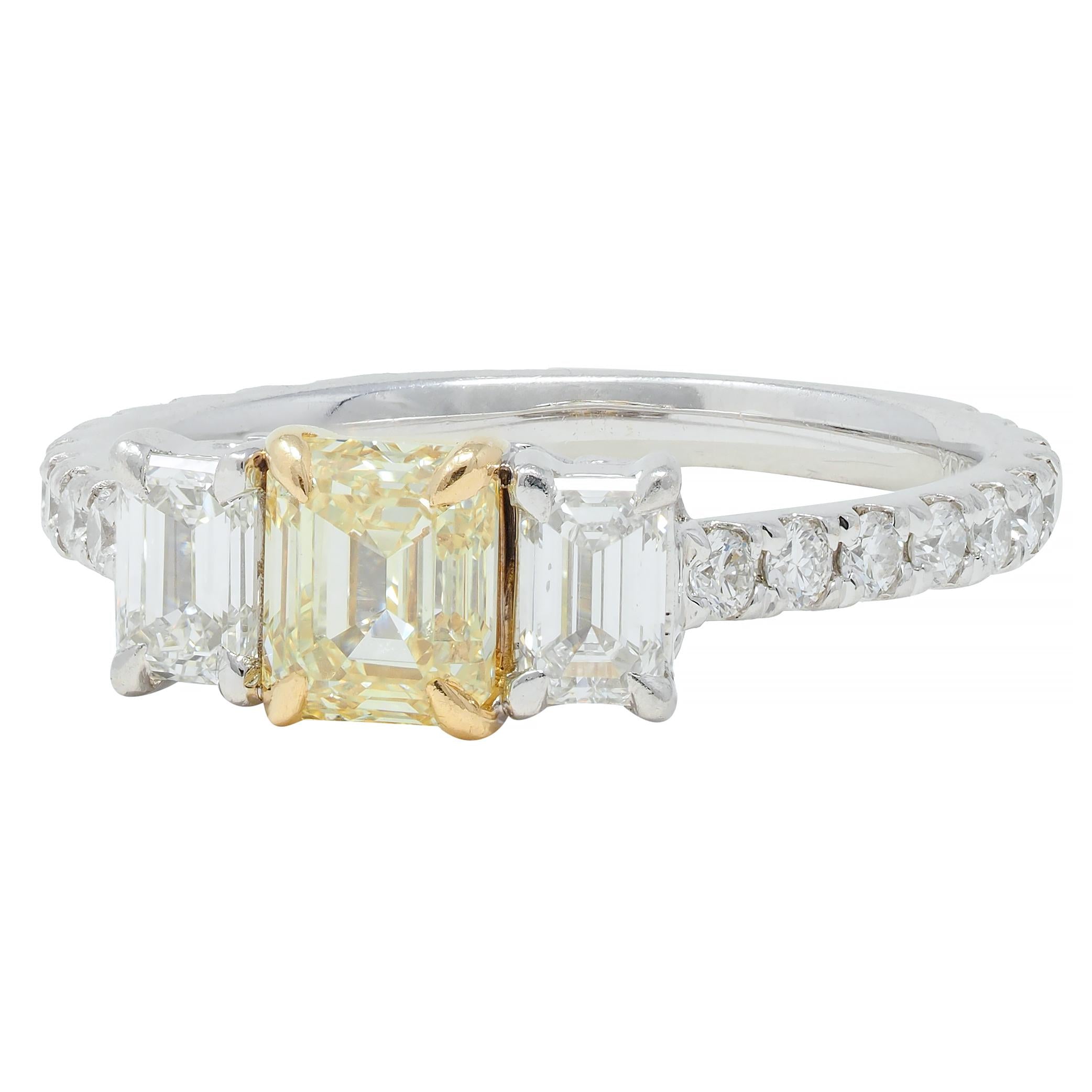 1.61 CTW Fancy Yellow Emerald Cut Diamond Platinum 18K Gold Engagement Ring