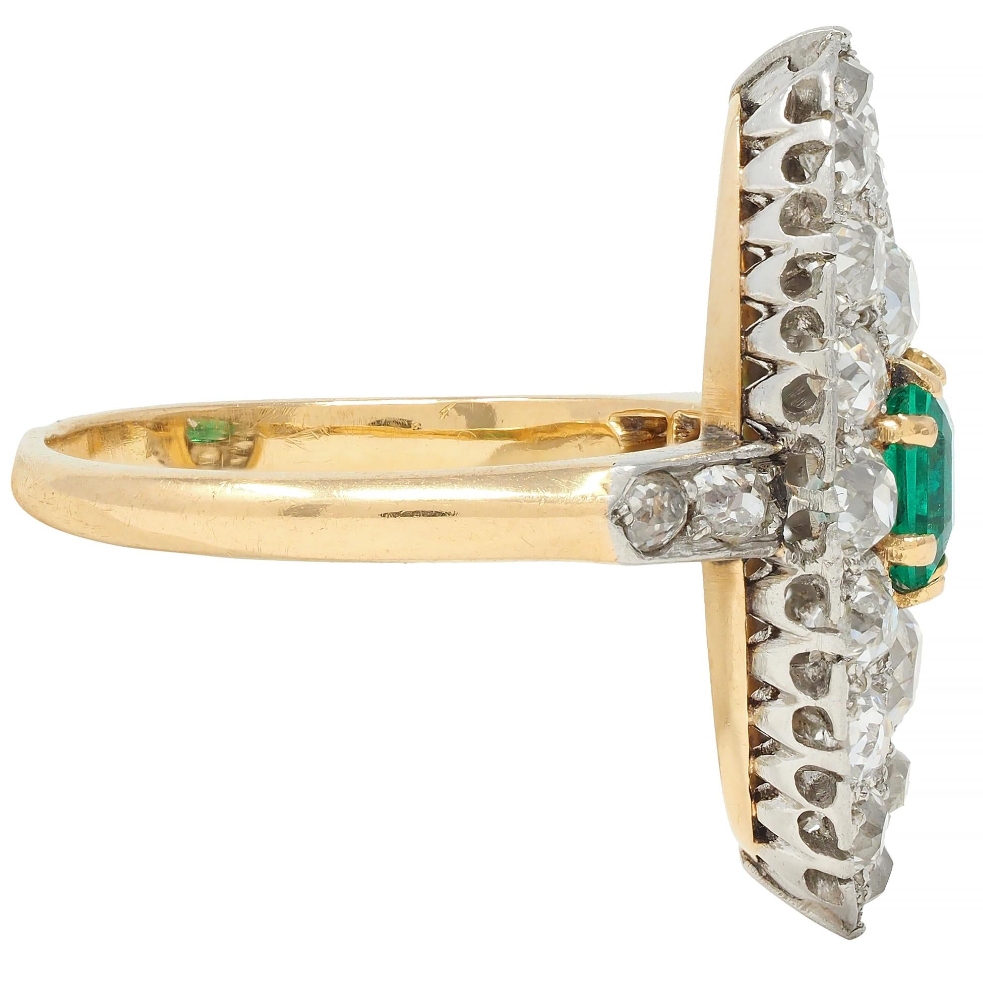 Edwardian French Antique Emerald Diamond Platinum 14 Karat Gold Navette Ring