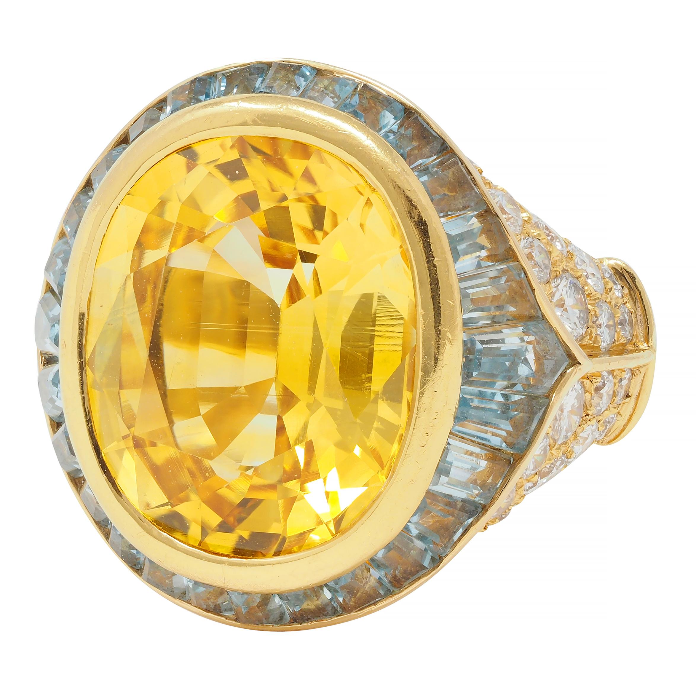 Bulgari Vintage Yellow Sapphire Aquamarine Diamond 18 Karat Gold Halo Ring