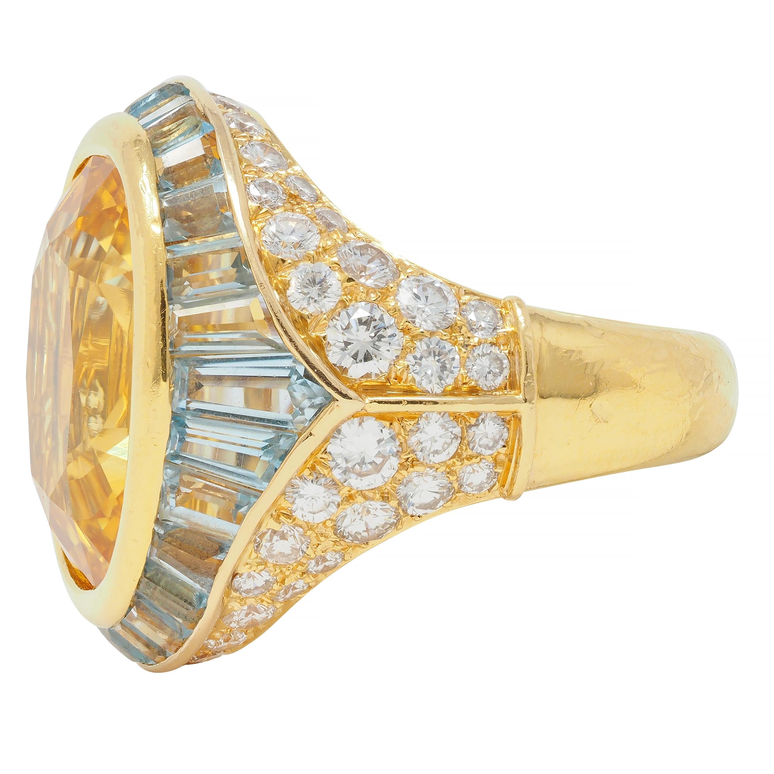 Bulgari Vintage Yellow Sapphire Aquamarine Diamond 18 Karat Gold Halo Ring