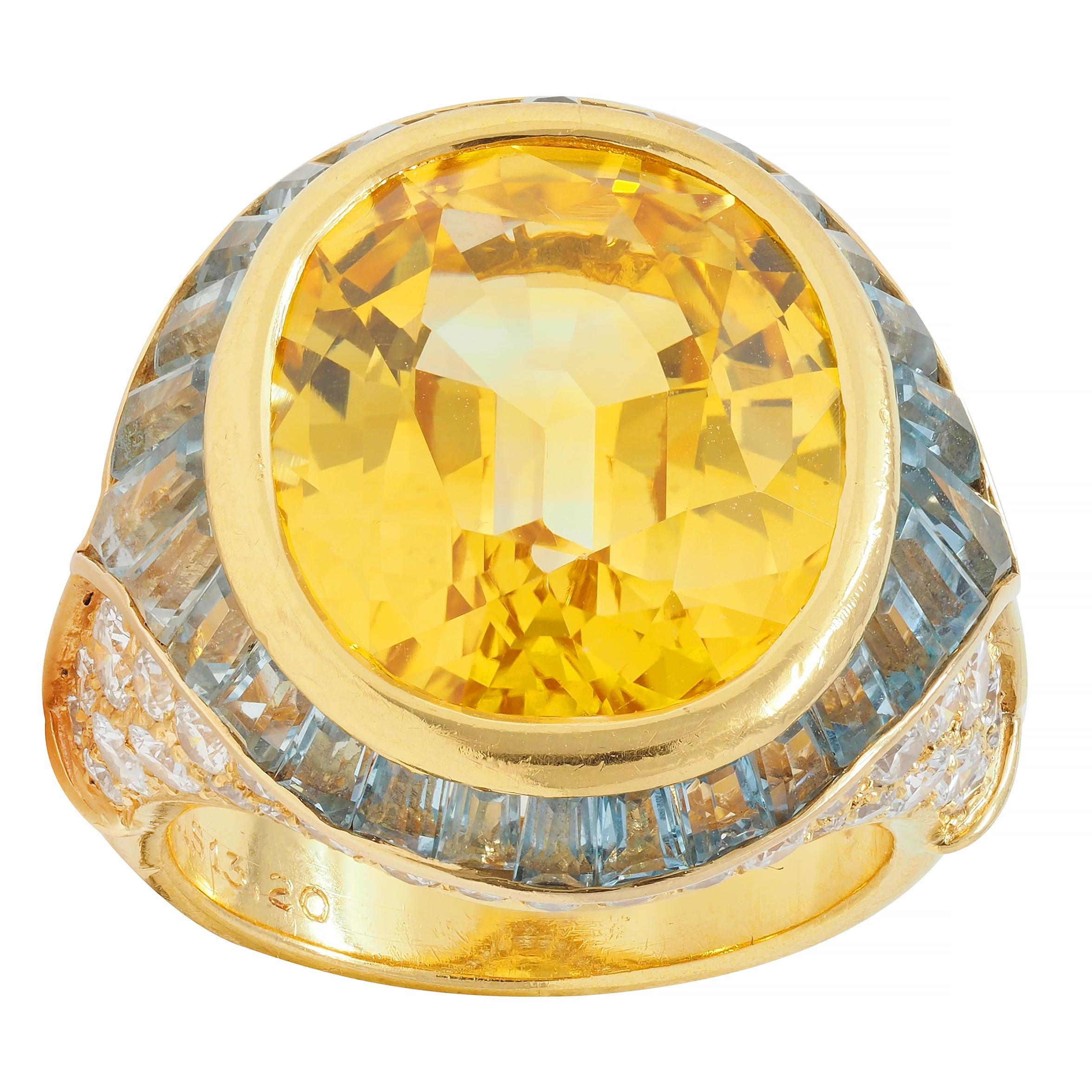 Bulgari Vintage Yellow Sapphire Aquamarine Diamond 18 Karat Gold Halo Ring