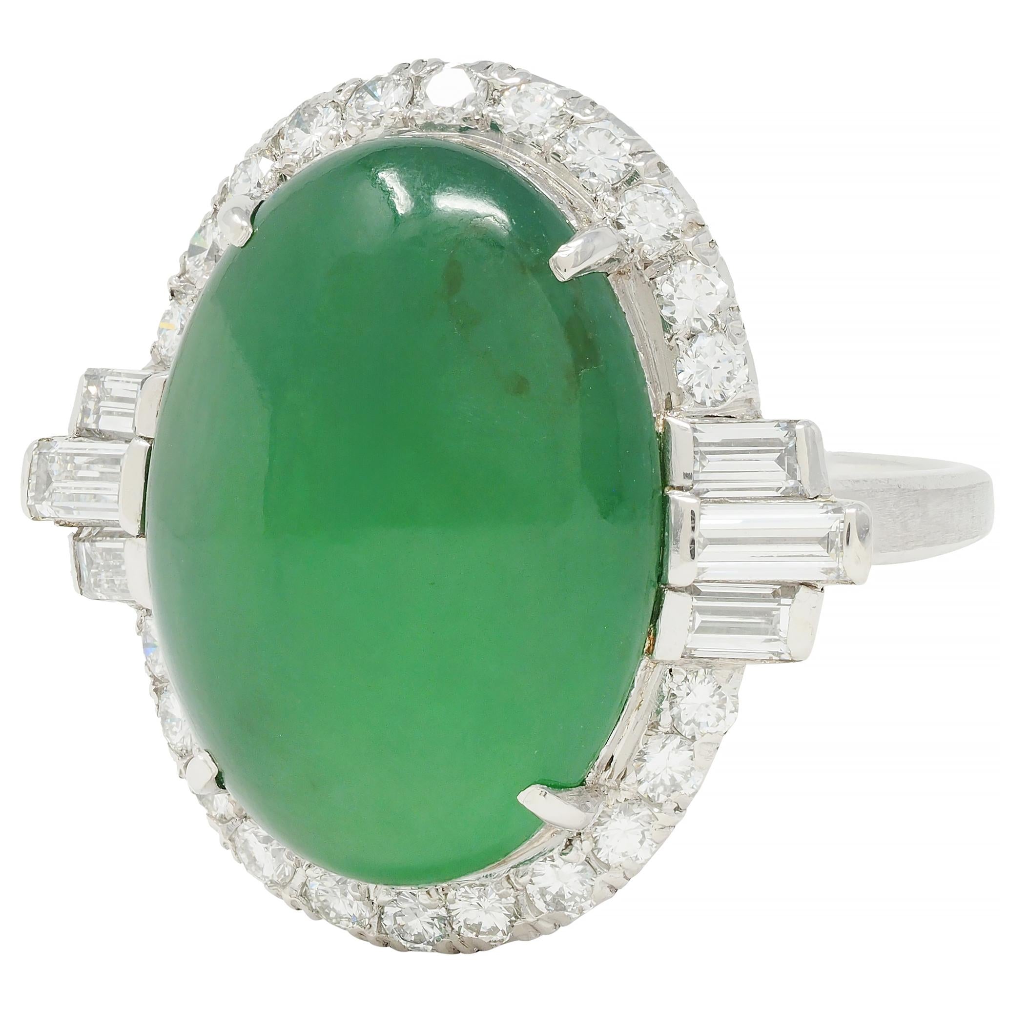 Mid-Century Natural Jadeite Jade Diamond Platinum Vintage Halo Ring GIA