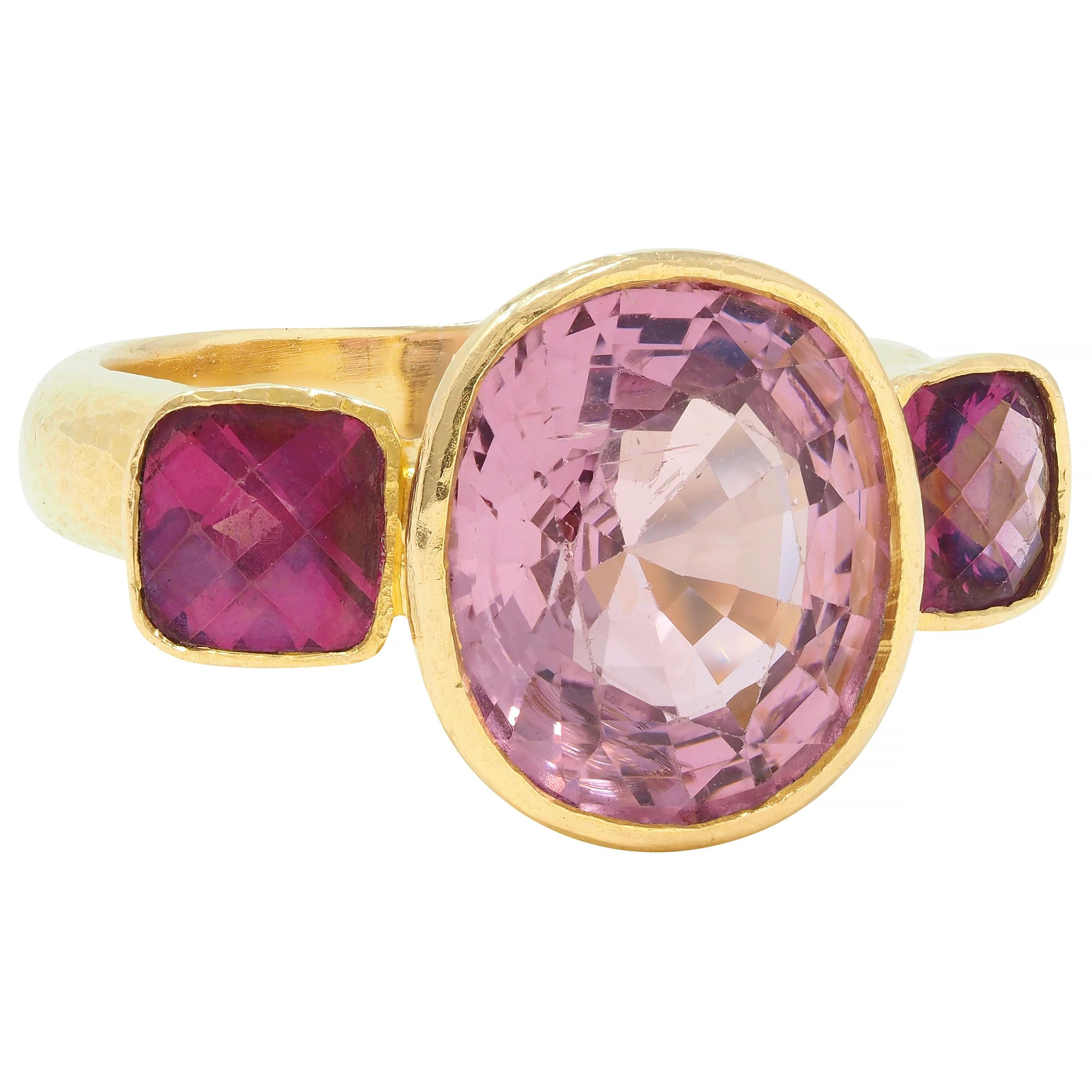 Elizabeth Locke Spinel Rhodolite Garnet 19 Karat Hammered Gold Gemstone Ring