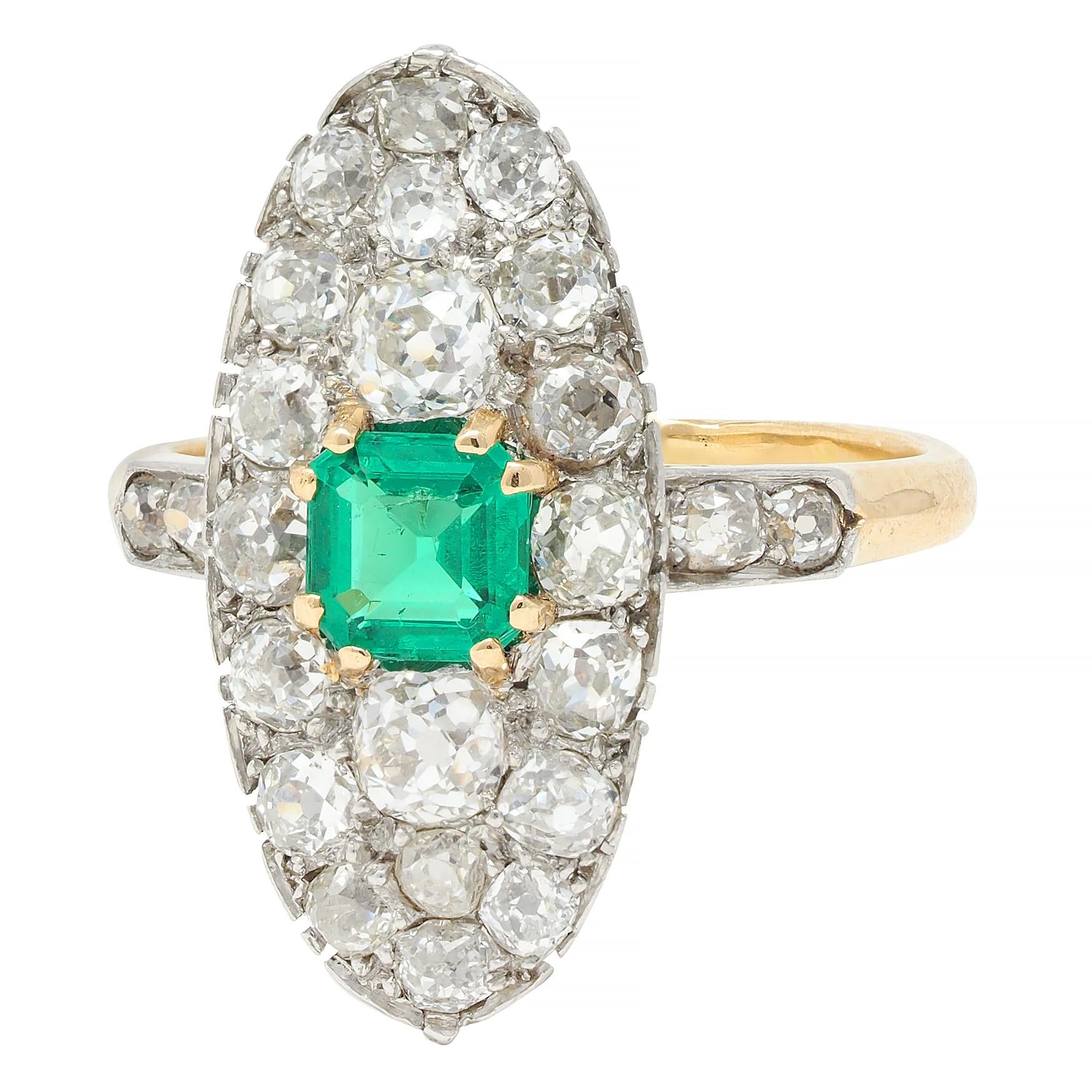 Edwardian French Antique Emerald Diamond Platinum 14 Karat Gold Navette Ring