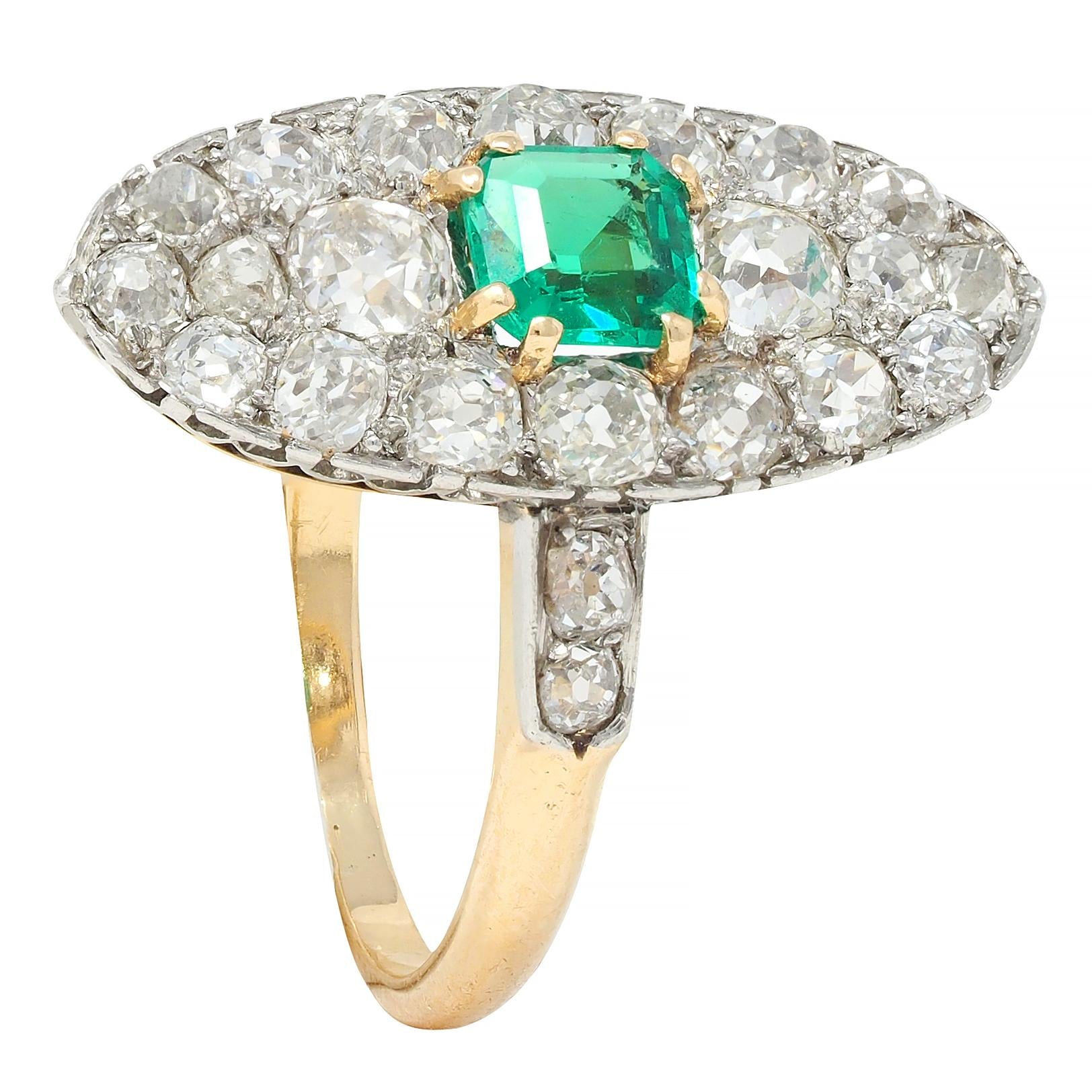 Edwardian French Antique Emerald Diamond Platinum 14 Karat Gold Navette Ring