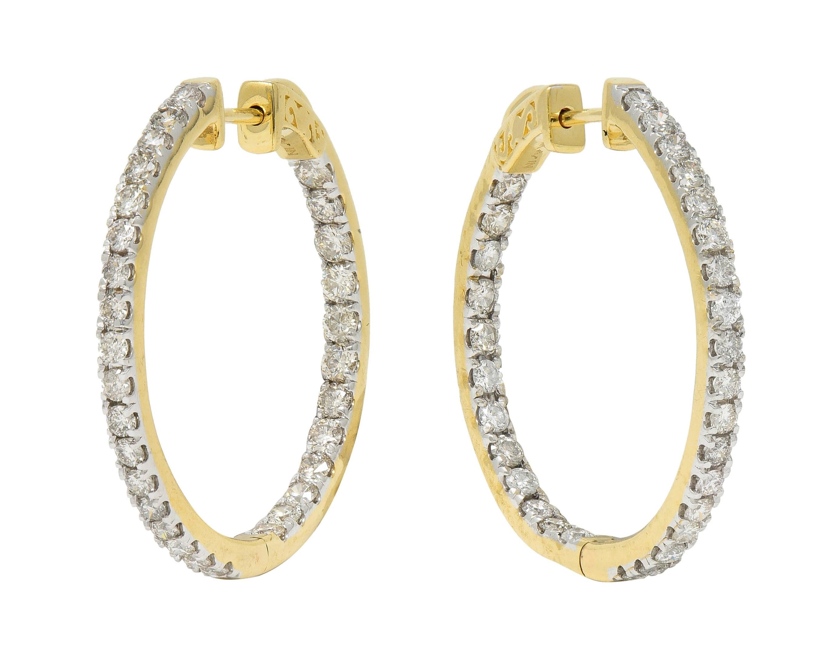 Contemporary 1.80 CTW Diamond 14 Karat Gold Inside Outside 34 MM Hoop Earrrings