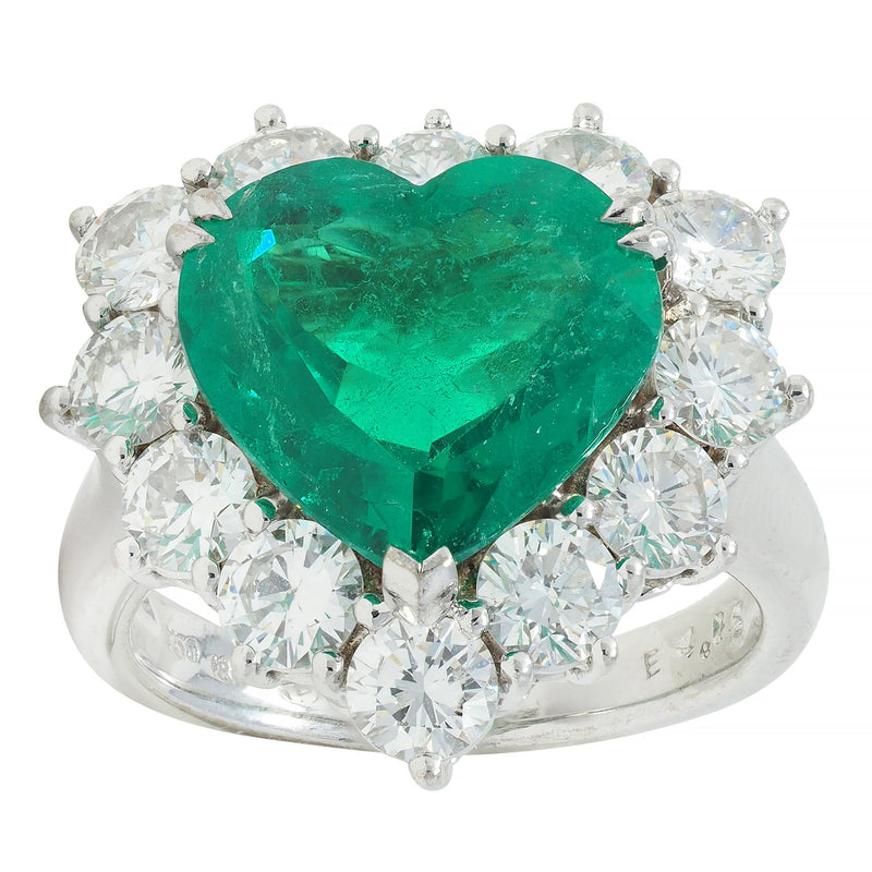 Contemporary 7.00 CTW Colombian Emerald Diamond 18 Karat Gold Heart Halo Ring