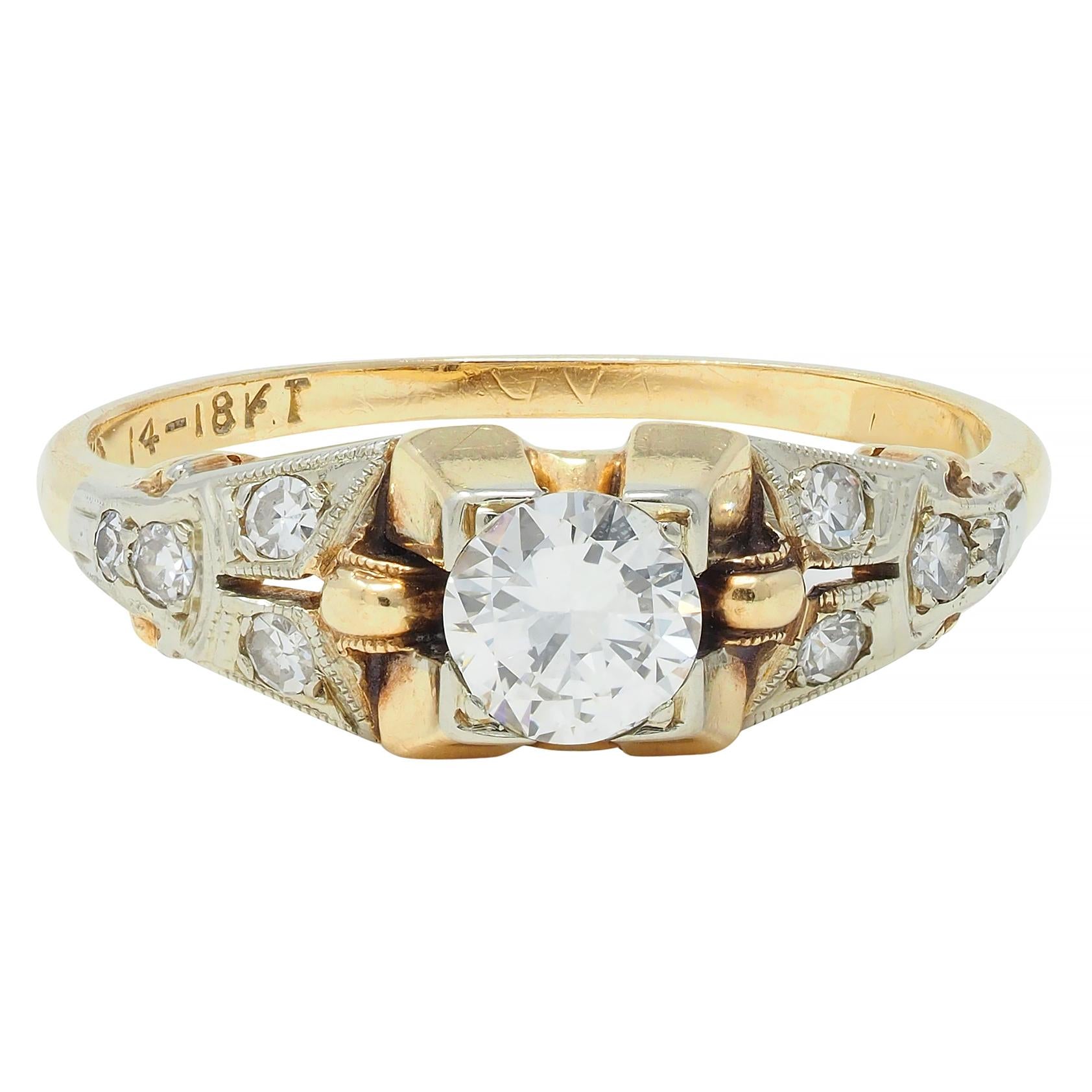 Retro Transitional Diamond 18 Karat Two-Tone Gold Vintage Engagement Ring