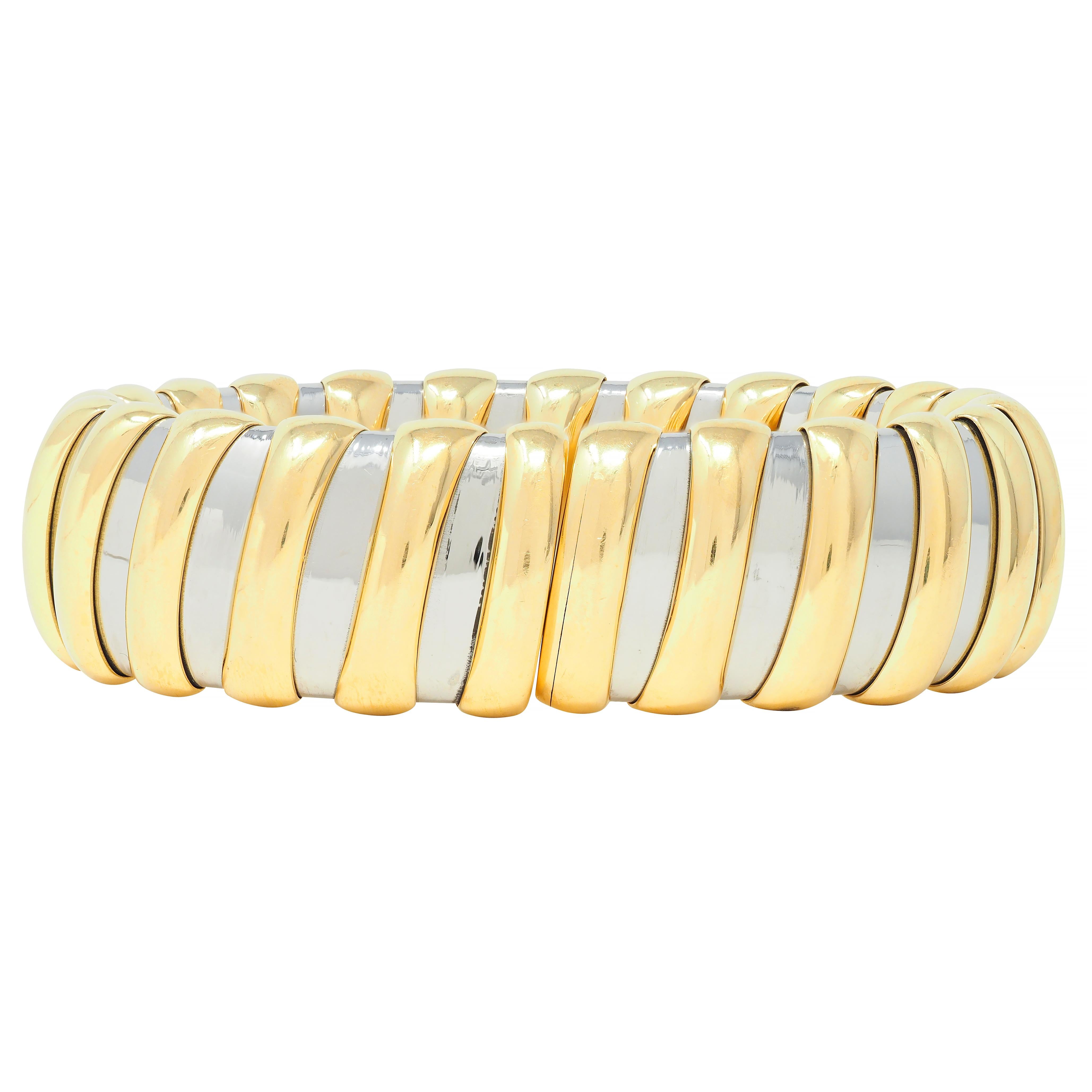 Bulgari 1990s 18 Karat Yellow Gold Stainless Steel Tubogas Vintage Cuff Bracelet