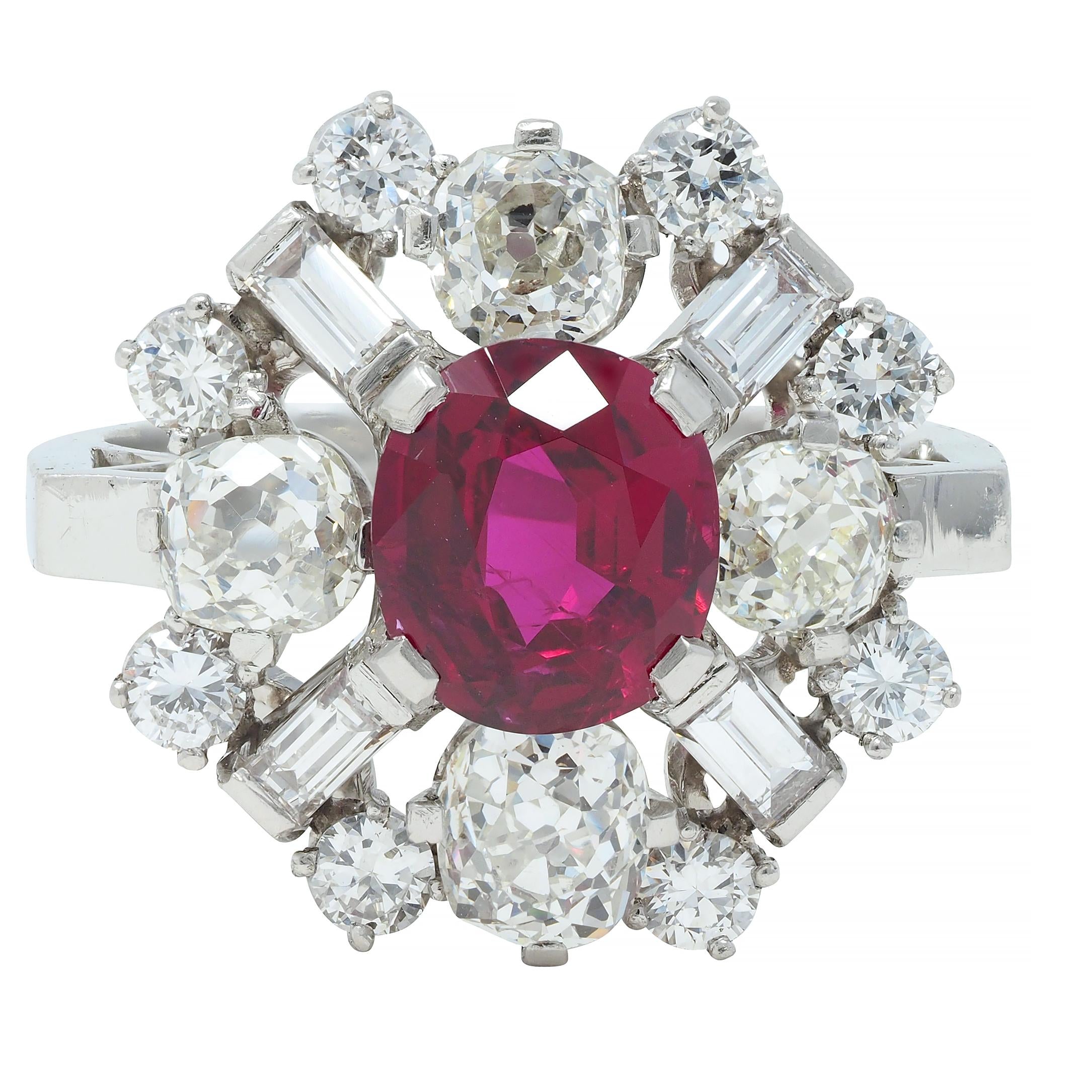 1950's Vintage 4.53 CTW Thai Ruby Diamond Platinum Burst Cluster Ring GIA