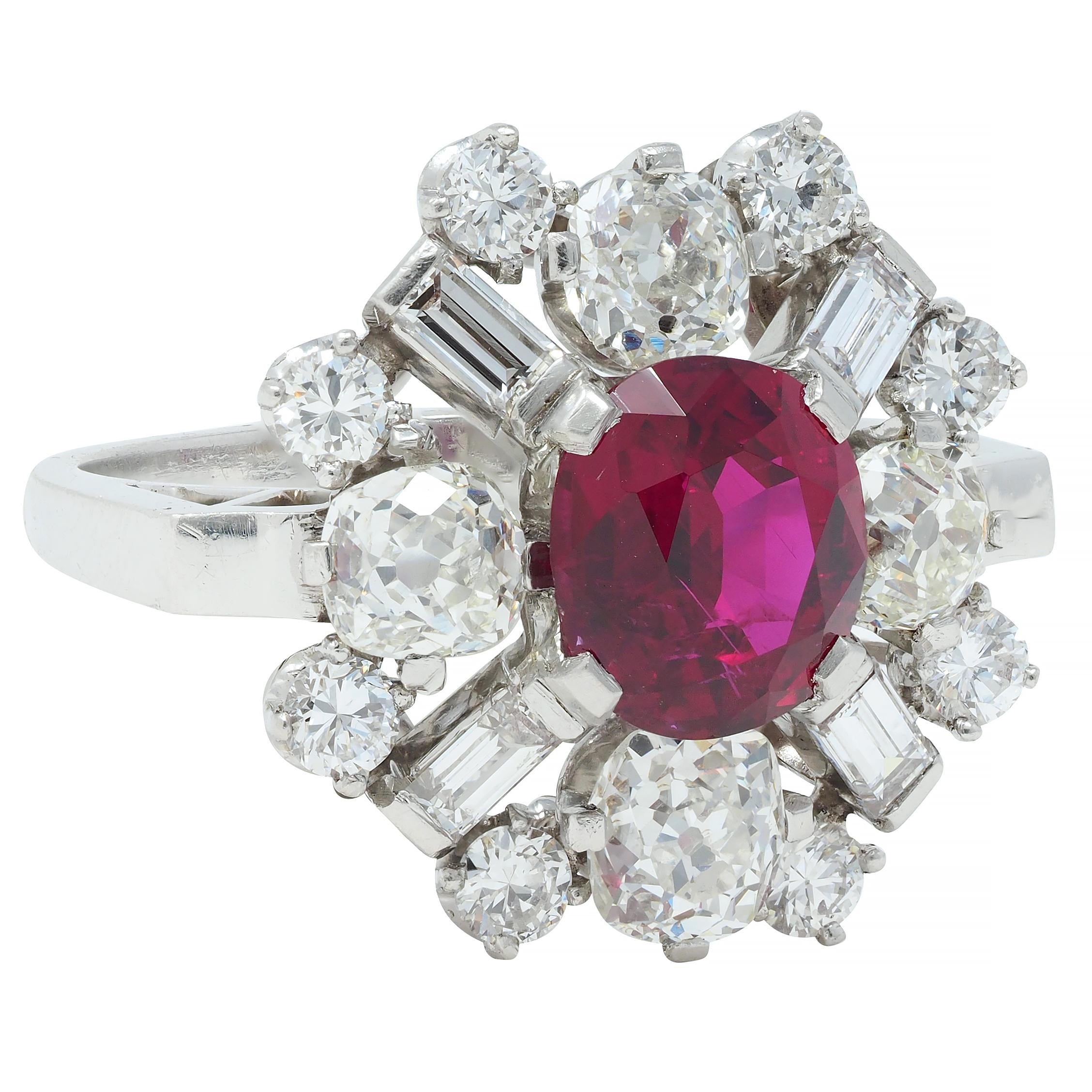 1950's Vintage 4.53 CTW Thai Ruby Diamond Platinum Burst Cluster Ring GIA