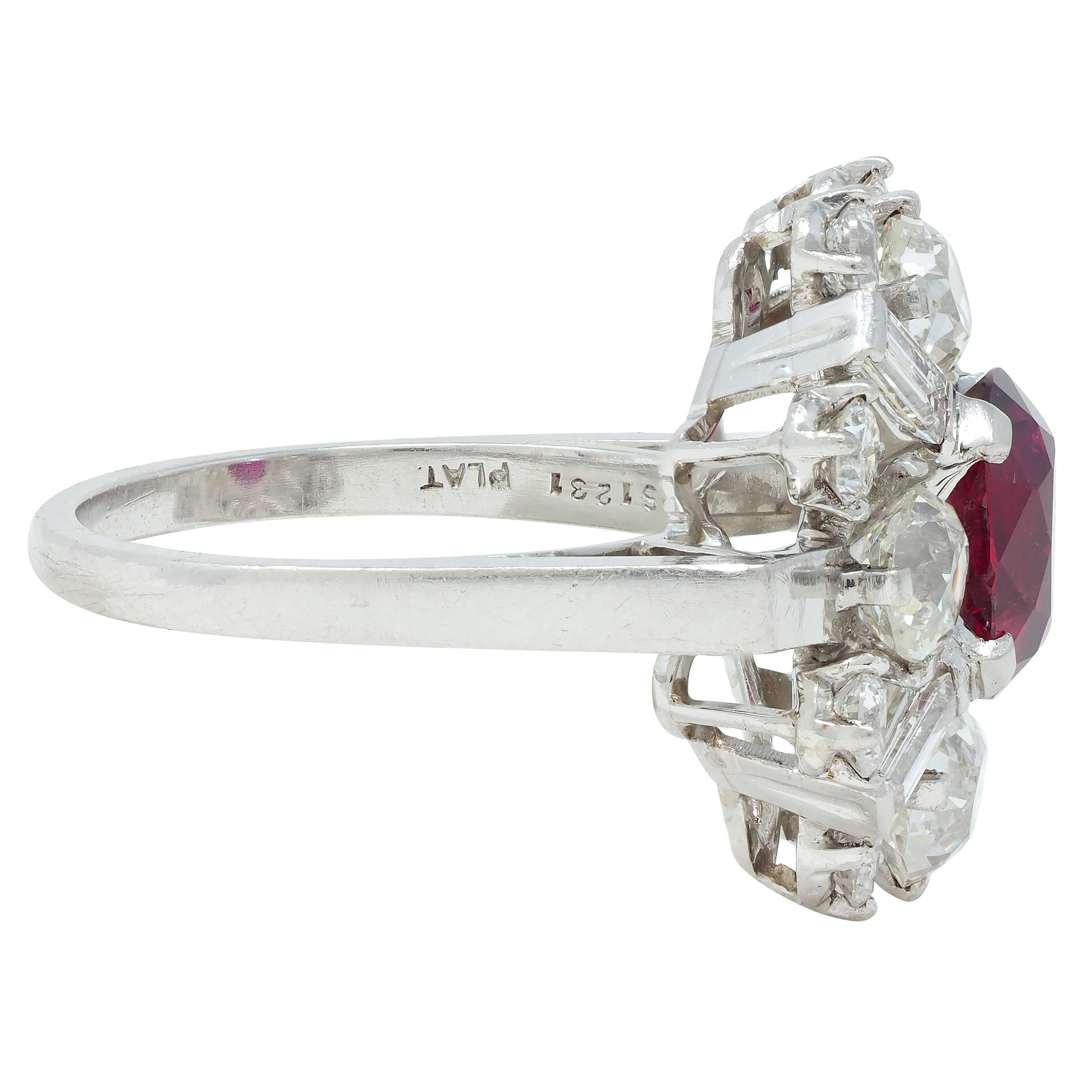 1950's Vintage 4.53 CTW Thai Ruby Diamond Platinum Burst Cluster Ring GIA