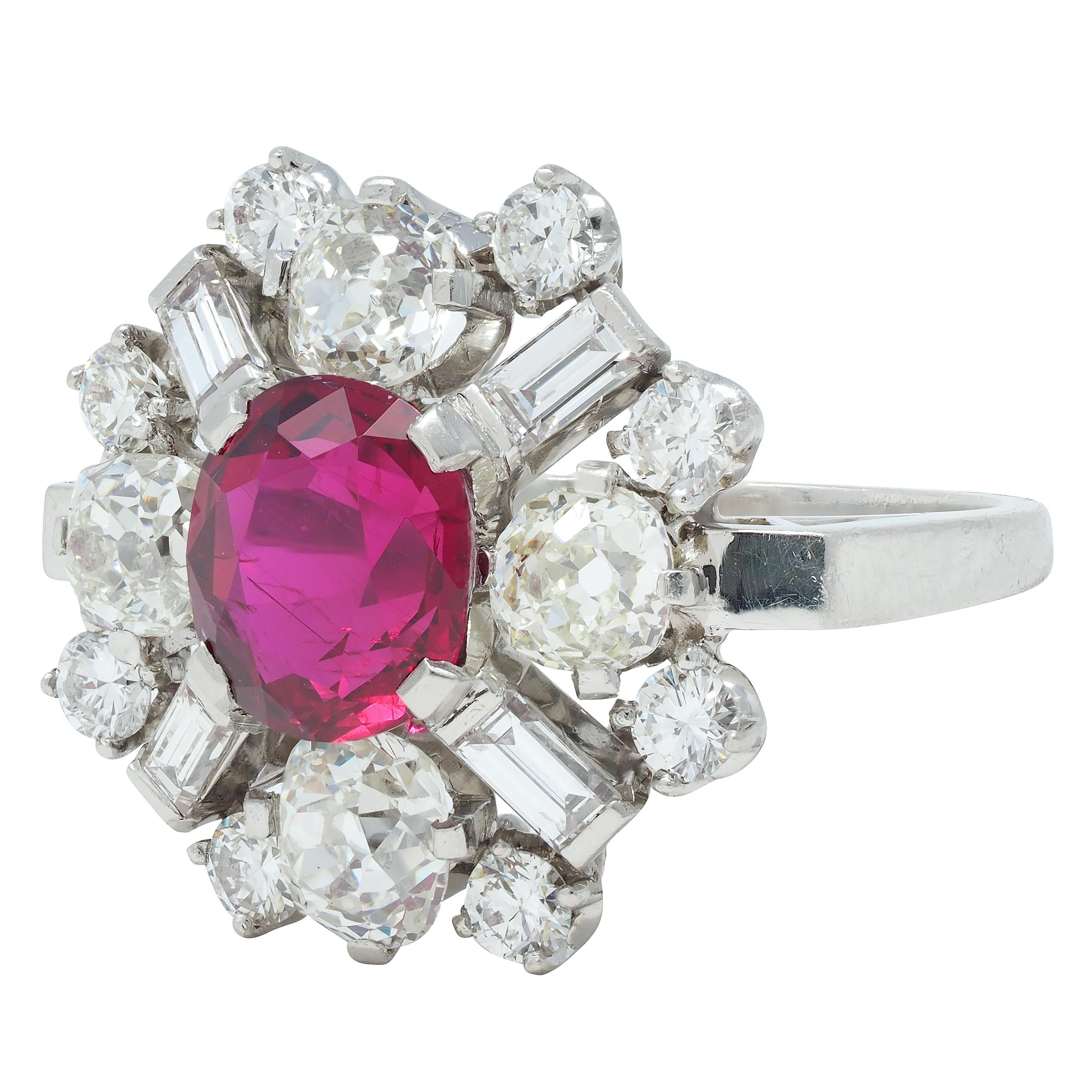 1950's Vintage 4.53 CTW Thai Ruby Diamond Platinum Burst Cluster Ring GIA