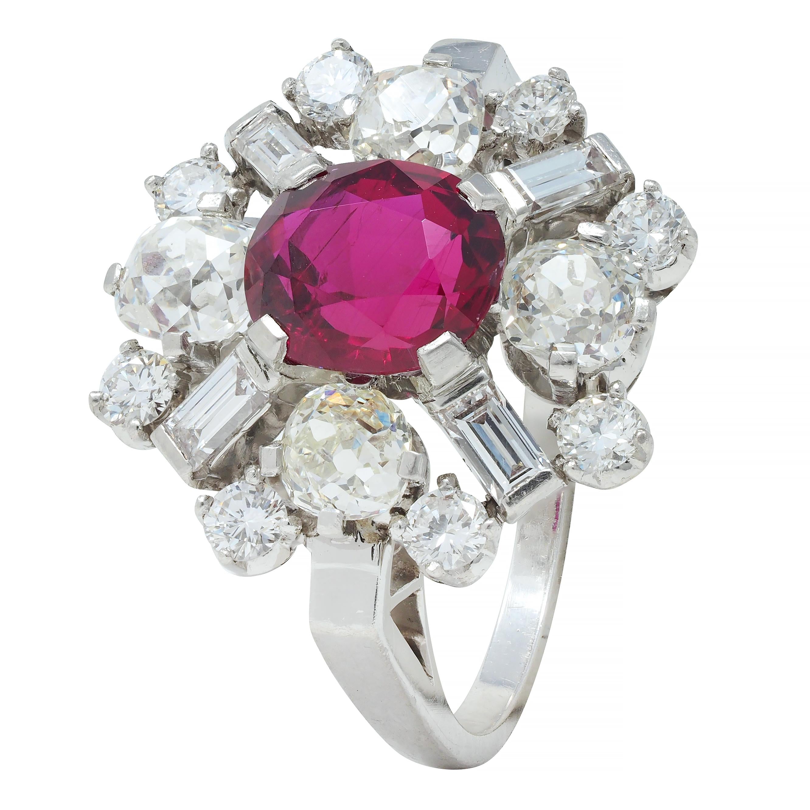 1950's Vintage 4.53 CTW Thai Ruby Diamond Platinum Burst Cluster Ring GIA