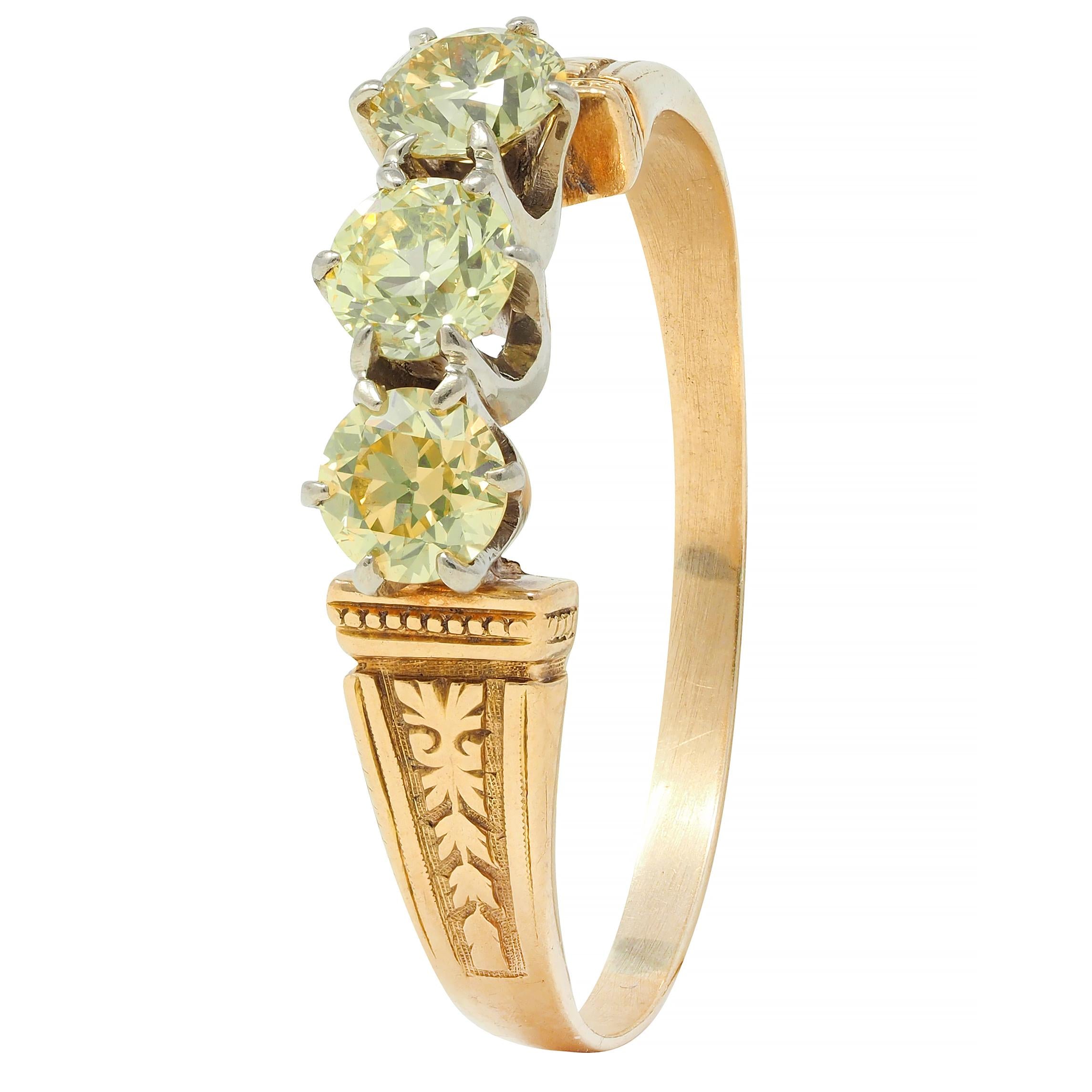 Victorian Fancy Yellow Diamond Platinum 18 Karat Gold Three Stone Antique Ring