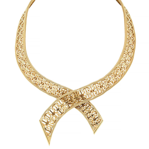 French Mid-Century 18 Karat Yellow Gold Woven Ribbon Vintage Collar Necklace